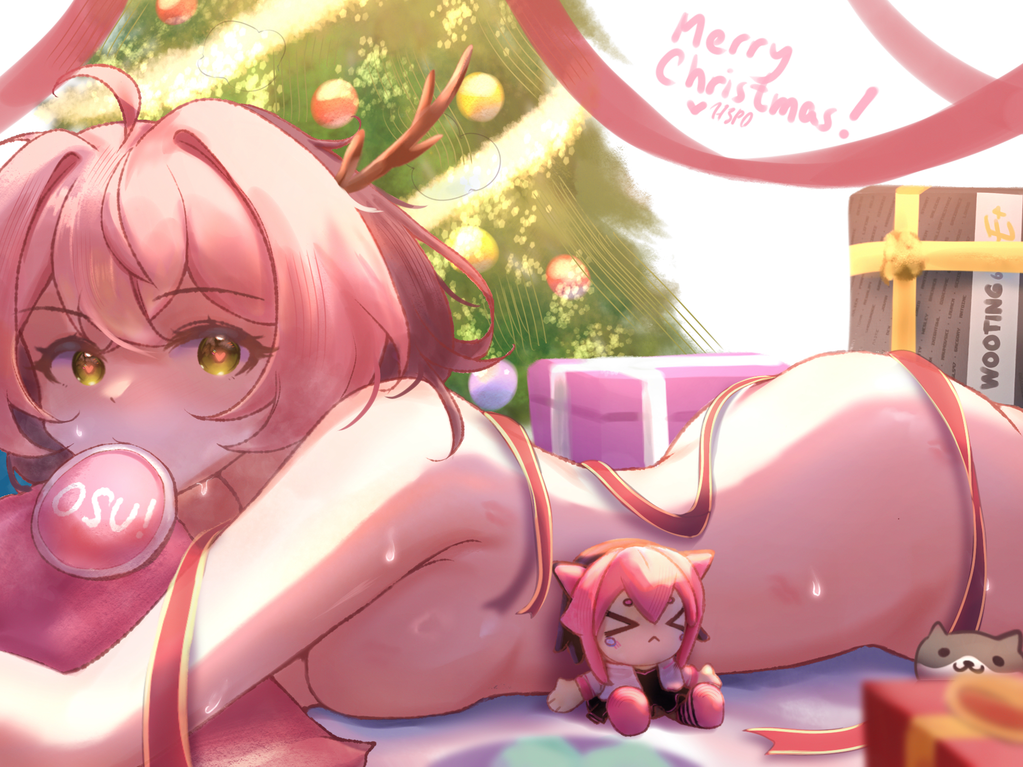 h3p0, pippi (osu!), neko atsume, osu!, romeo to cinderella (vocaloid), commentary, english commentary, highres, 1girl, ahoge, antlers, artist name, box, breasts, character doll, christmas, christmas tree, cookie, cowboy shot, doll, food, food in mouth, gift, gift box, green eyes, heart, heart in eye, horns, large breasts, lipstick mark, looking at viewer, lying, medium hair, merry christmas, midriff, nude, on stomach, pink hair, red ribbon, reindeer antlers, ribbon, shiny skin, shirt, sweat, symbol in eye