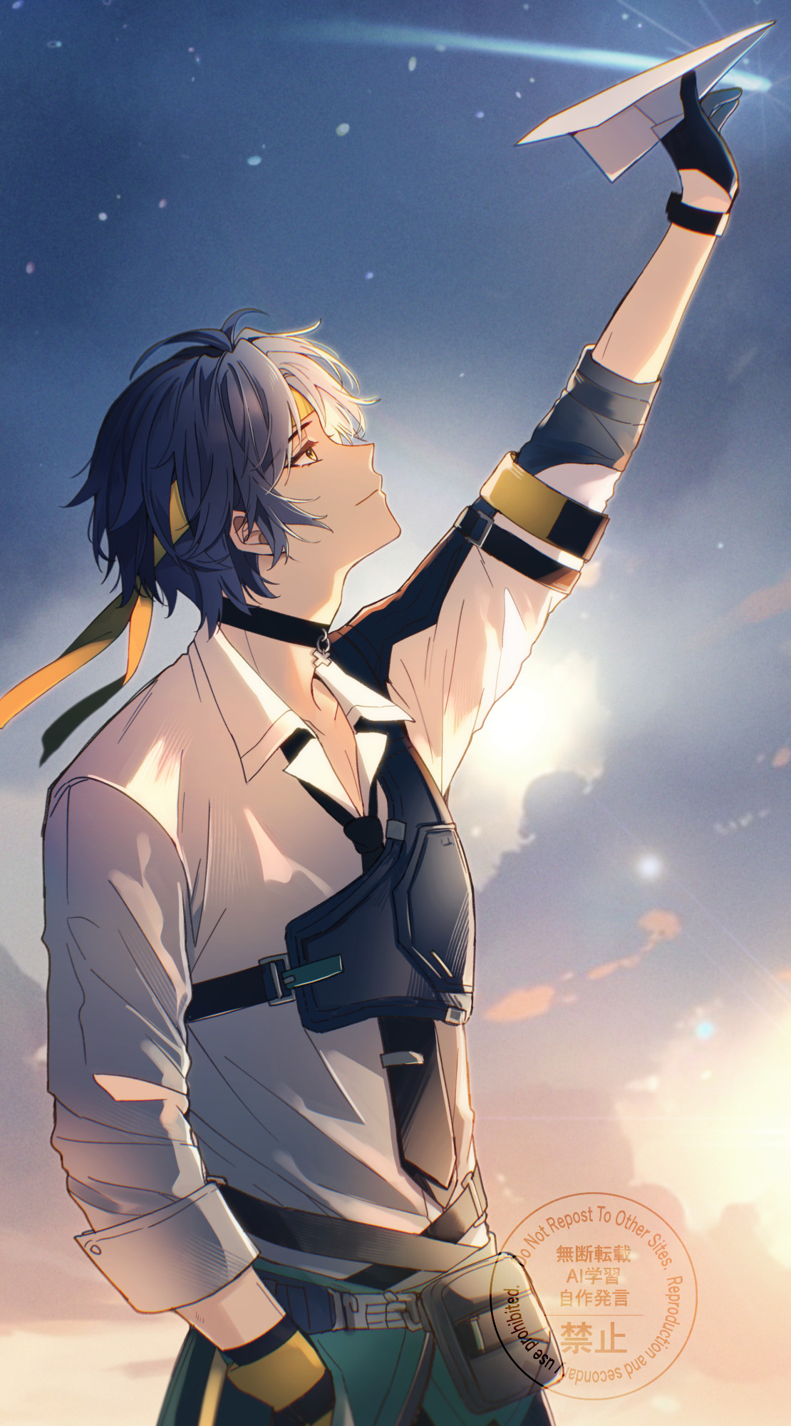 tanuki nishi, asaba harumasa, zenless zone zero, commentary request, highres, 1boy, antenna hair, arm up, asymmetrical gloves, black choker, black gloves, black hair, black necktie, choker, closed mouth, clothes around waist, collarbone, falling star, from side, gloves, half gloves, headband, holding, holding paper airplane, light smile, looking up, male focus, mismatched gloves, necktie, outdoors, paper airplane, parted bangs, pendant choker, shirt, short hair, single half glove, sky, solo, star (sky), starry sky, upper body, white shirt, yellow eyes, yellow headband