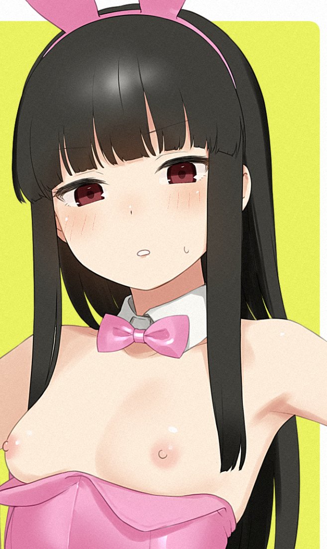 sakiecho, hatsuyuki (kancolle), kantai collection, 1girl, alternate costume, animal ear hairband, animal ears, black hair, blonde hair, blunt bangs, blush, bow, bowtie, breasts, collarbone, detached collar, fake animal ears, film grain, hairband, leotard, long hair, looking at viewer, nipples, pink bow, pink bowtie, pink hairband, pink leotard, rabbit ear hairband, rabbit ears, red eyes, sidelocks, simple background, small breasts, solo, strapless, strapless leotard, sweat, upper body, white background