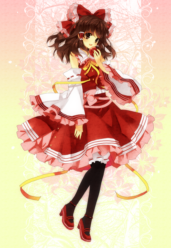 kurot, hakurei reimu, touhou, 1girl, apple, bad apple!!, black thighhighs, bow, brown eyes, brown hair, detached sleeves, female focus, food, frills, fruit, full body, gathers, hair bow, japanese clothes, light particles, lolita fashion, mary janes, miko, ribbon, shoes, short hair, solo, thighhighs, wa lolita