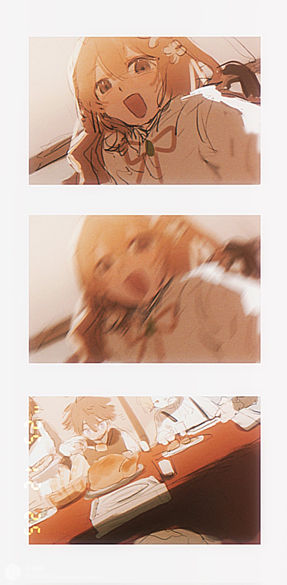 ling zhiyun, catherine (project moon), heathcliff (project moon), linton (project moon), nelly (project moon), limbus company, project moon, highres, 2boys, 2girls, brown eyes, brown hair, dress, flower, food, hair flower, hair ornament, long hair, long sleeves, multiple boys, multiple girls, neck ribbon, open mouth, purple eyes, red ribbon, ribbon, smile, table, turkey (food), white dress, white flower