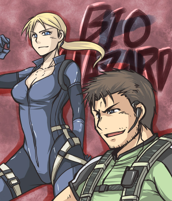 koraku gekki, chris redfield, jill valentine, resident evil, resident evil 5, 1boy, 1girl, blonde hair, blue eyes, bodysuit, breasts, brown eyes, brown hair, cleavage, headset, long hair, ponytail, short hair