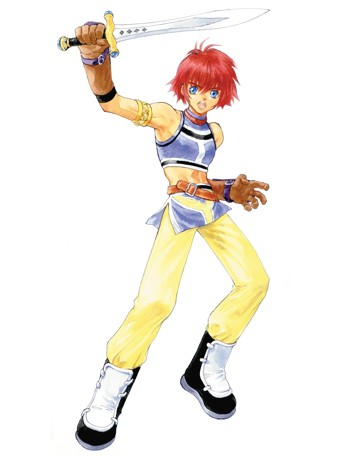 reid hershel, tales of (series), tales of eternia, highres, official art, 00s, blue eyes, gloves, red hair, sword, weapon