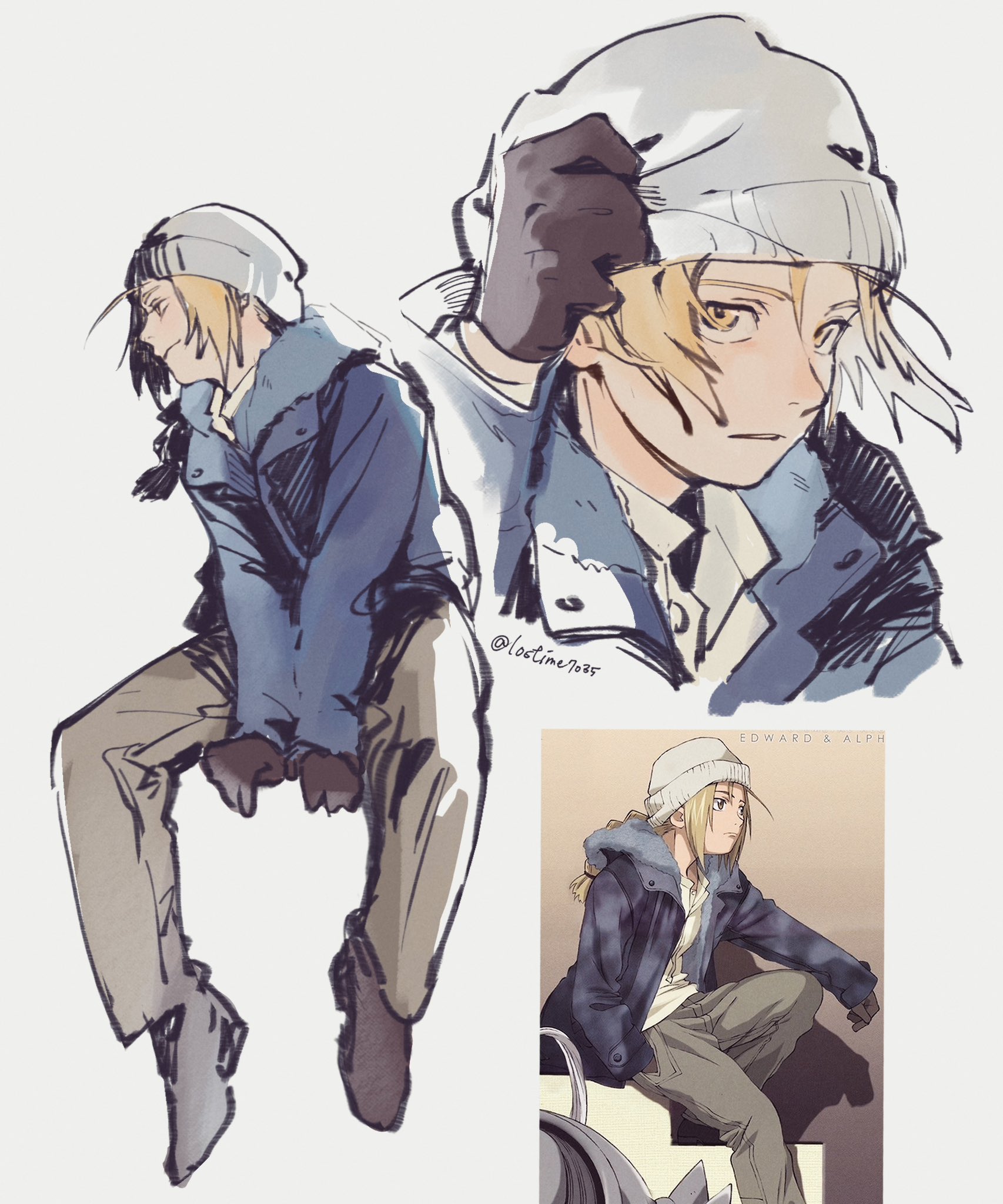edward elric, fullmetal alchemist, highres, 1boy, adjusting clothes, adjusting headwear, ahoge, beanie, black gloves, blonde hair, blue coat, braid, coat, full body, gloves, grey hat, grey pants, grey shorts, hat, long hair, lostime7035, male focus, multiple views, official art inset, pants, parted bangs, parted lips, shorts, single braid, sitting, sketch, solo, twintails, upper body, white background