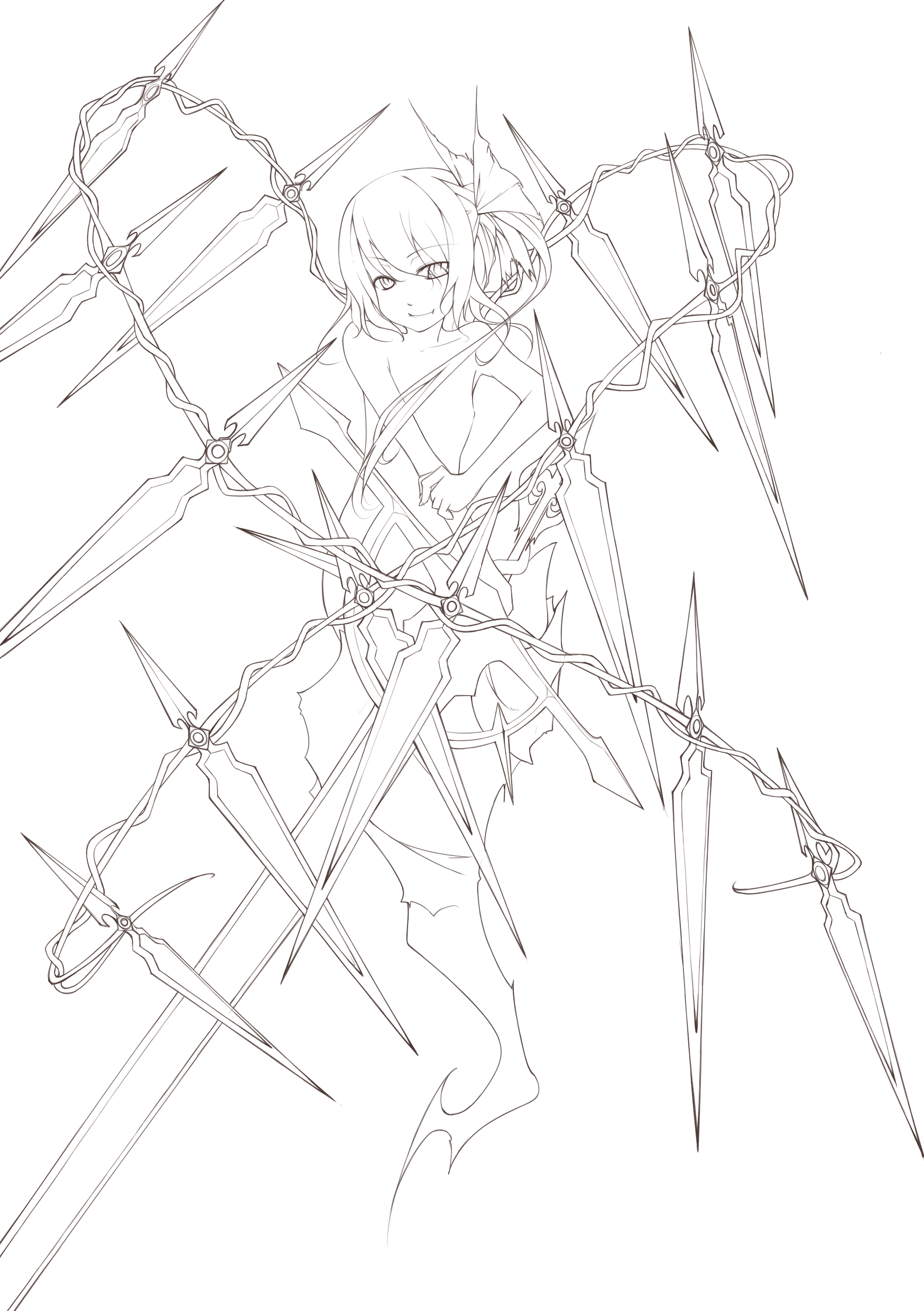 noirly, flandre scarlet, touhou, absurdres, highres, 1girl, fang, female focus, greyscale, hair ribbon, lineart, mechanical wings, monochrome, nude, ribbon, solo, vampire, wings