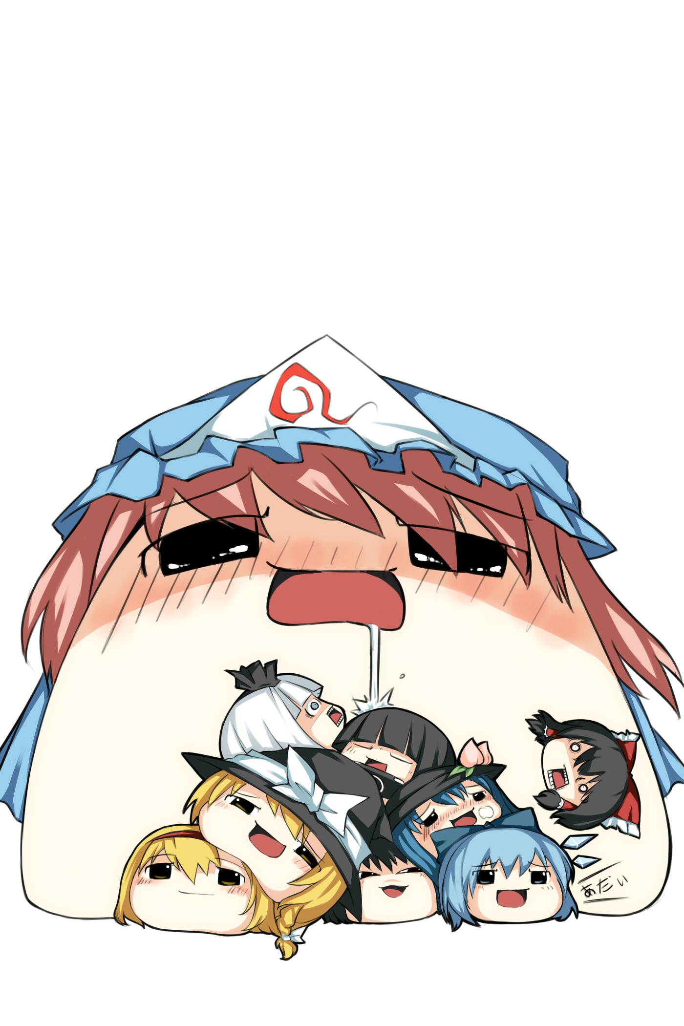 noirly, alice margatroid, cirno, hakurei reimu, hinanawi tenshi, houraisan kaguya, kimeemaru, kirisame marisa, konpaku youmu, saigyouji yuyuko, shameimaru aya, yukkuri alice, yukkuri cirno, yukkuri kaguya, yukkuri marisa, yukkuri reimu, yukkuri tenshi, yukkuri youmu, yukkuri yuyuko, touhou, highres, black hair, blonde hair, blue hair, bow, drooling, hair bow, handheld game console, hat, koyukkuri, no humans, playstation portable, saliva, simple background, witch hat, yellow eyes, yukkuri shiteitte ne