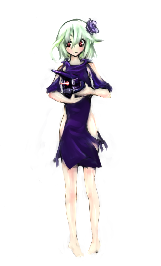 wasabikarasi, fragile (armored core), ren (fragile), armored core, armored core: for answer, fragile, fromsoftware, head, 1girl, female focus, full body, mecha, robot, solo, standing, torn clothes, white background