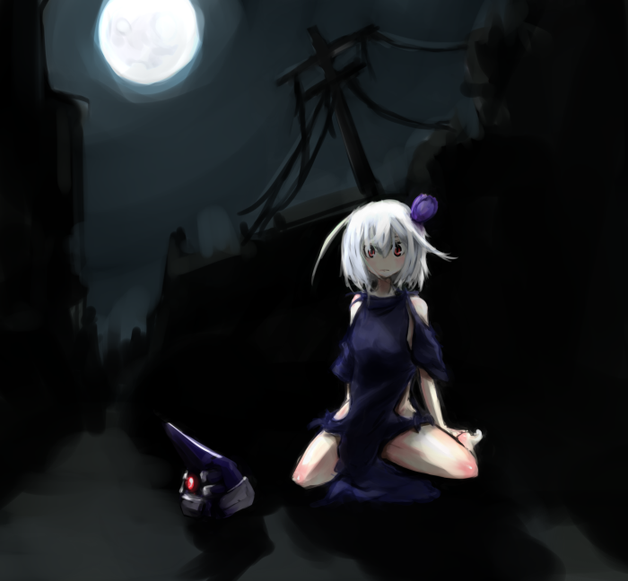 wasabikarasi, fragile (armored core), ren (fragile), armored core, armored core: for answer, fragile, head, 1girl, female focus, kneeling, mecha, moon, night, outdoors, robot, sky, solo, street