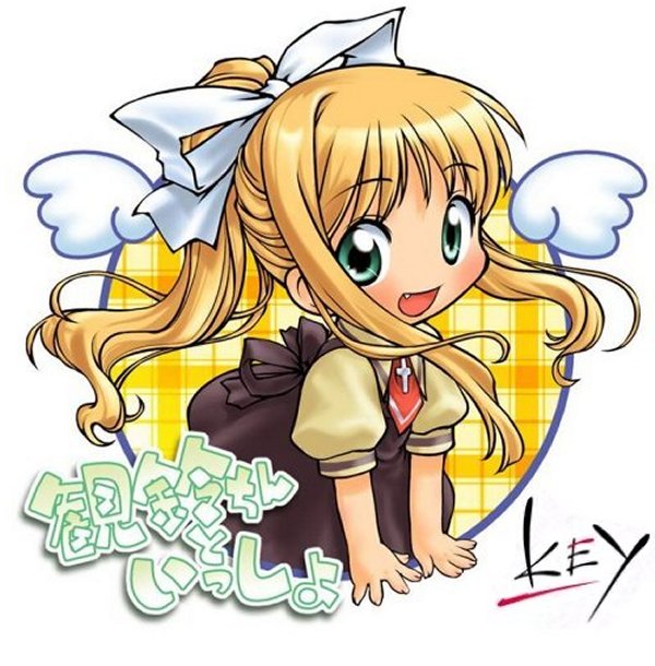 kamio misuzu, air (visual novel), artist request, 00s, blonde hair, blue eyes, chibi, fang, long hair, necktie, open mouth, ponytail, ribbon, smile, wings