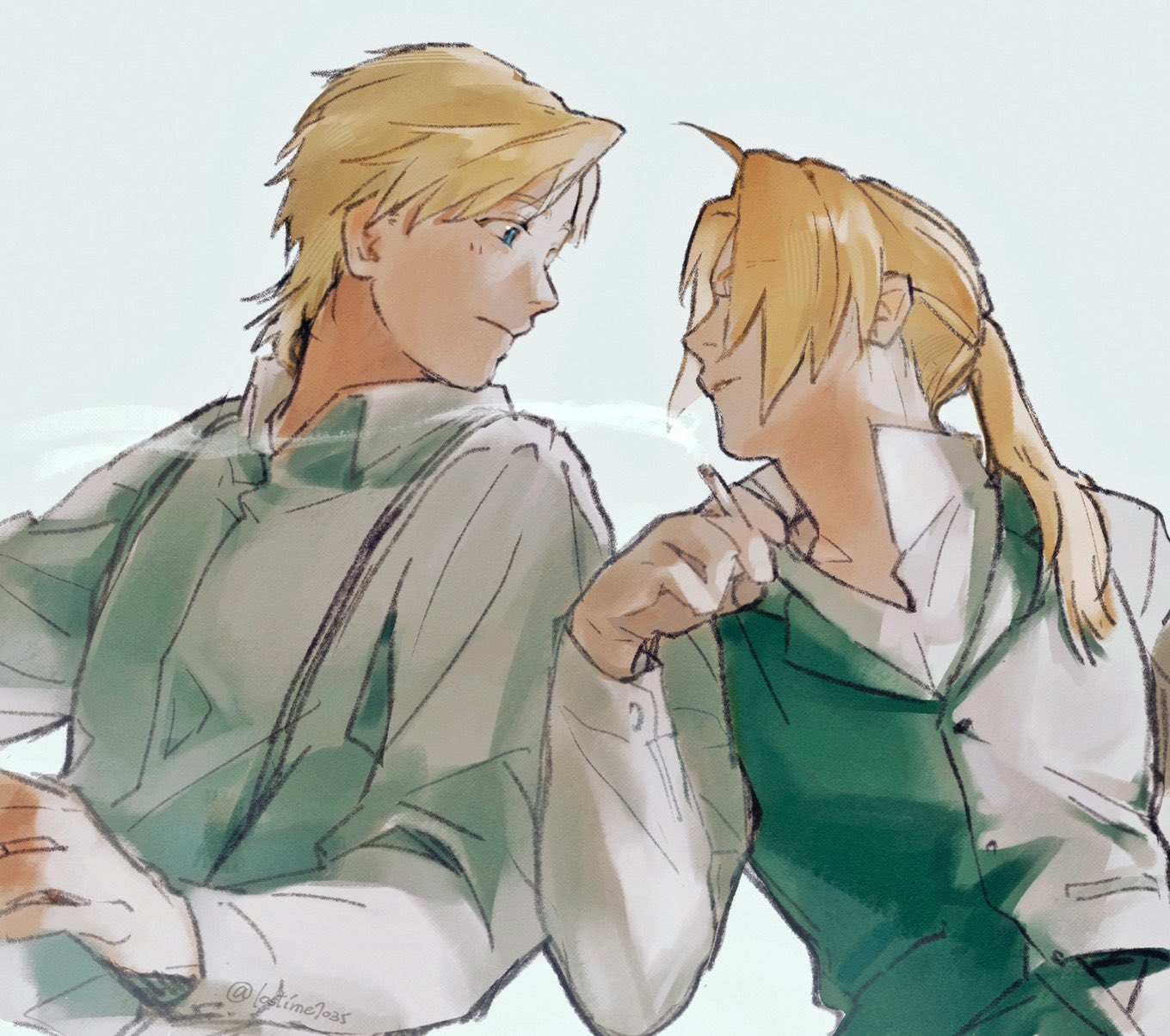 alphonse elric, edward elric, fullmetal alchemist, commentary request, highres, 2boys, ahoge, blonde hair, brothers, cigarette, closed mouth, collarbone, hair over eyes, hair over shoulder, holding, holding cigarette, long hair, looking at another, lostime7035, male focus, multiple boys, parted bangs, parted lips, ponytail, popped collar, short hair, siblings, smoke, smoking, suspenders, upper body, vest, waistcoat, white background