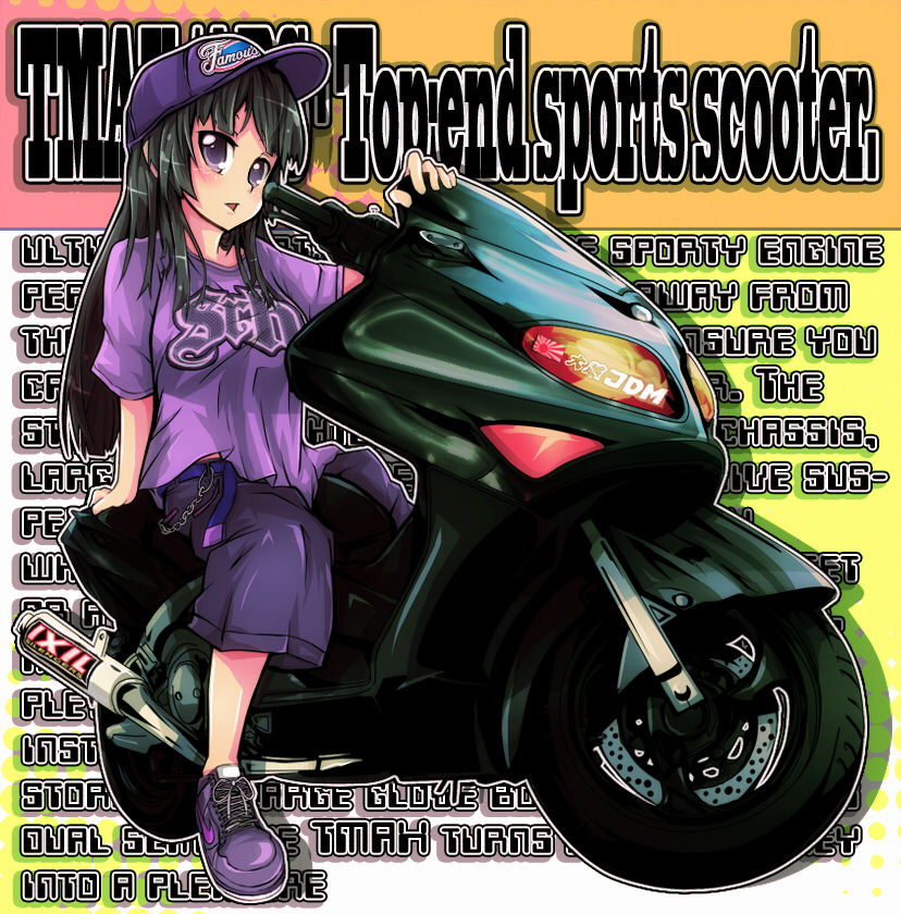 tanashi (mk2), akiyama mio, k-on!, vehicle, 00s, 1girl, baseball cap, black eyes, black hair, casual, female focus, full body, green hair, hat, long hair, motor vehicle, motorcycle, shoes, sneakers, solo