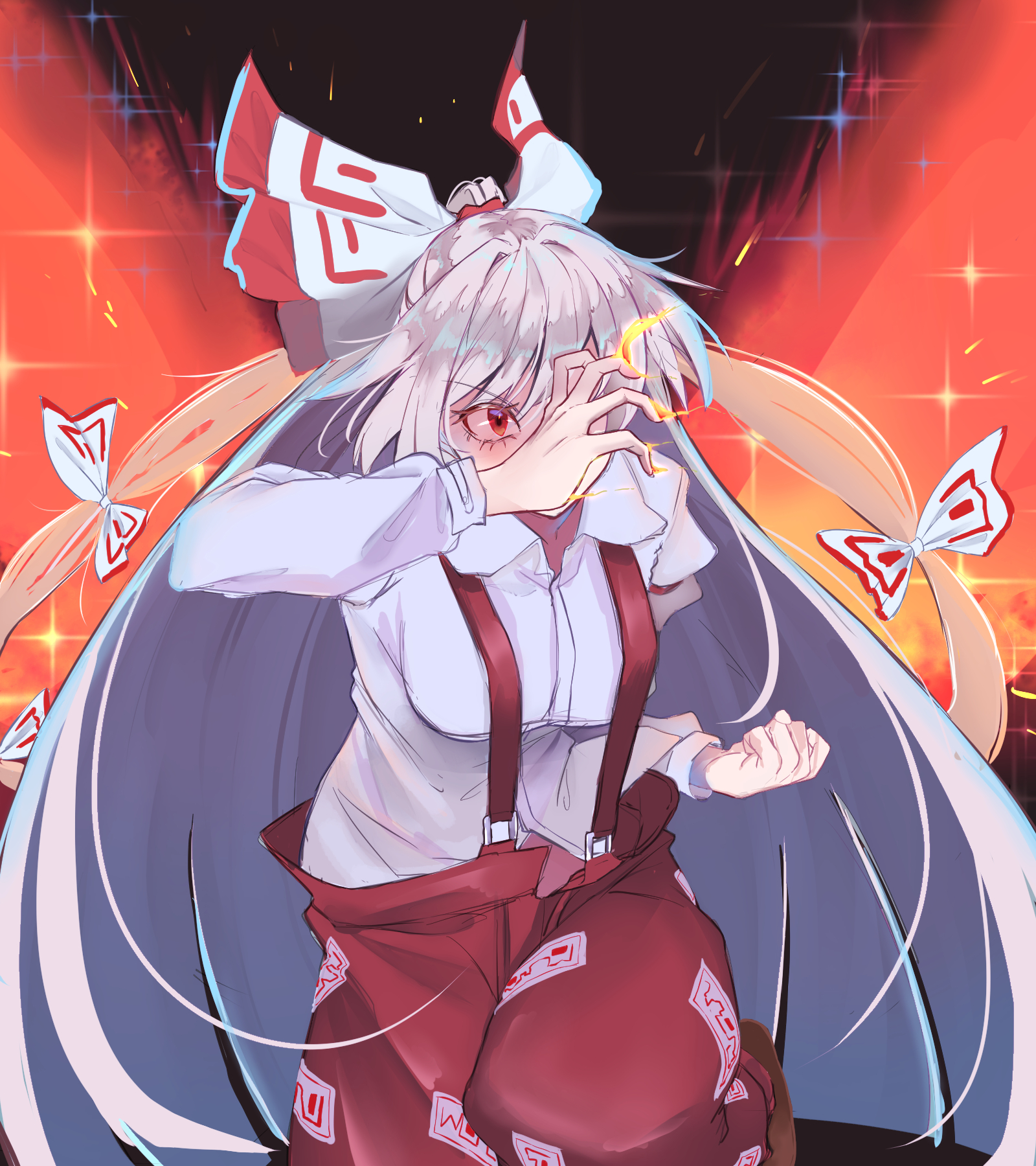 kanaria (bcomn), fujiwara no mokou, touhou, commentary request, highres, 1girl, bow, breasts, clenched hand, collared shirt, covering own mouth, eyelashes, fiery wings, hair bow, hand over eye, hand over own mouth, hand up, long hair, long sleeves, medium breasts, ofuda, ofuda on clothes, pants, red eyes, red pants, shirt, solo, sparkle, straight hair, suspenders, v-shaped eyebrows, very long hair, white bow, white hair, white shirt, wings