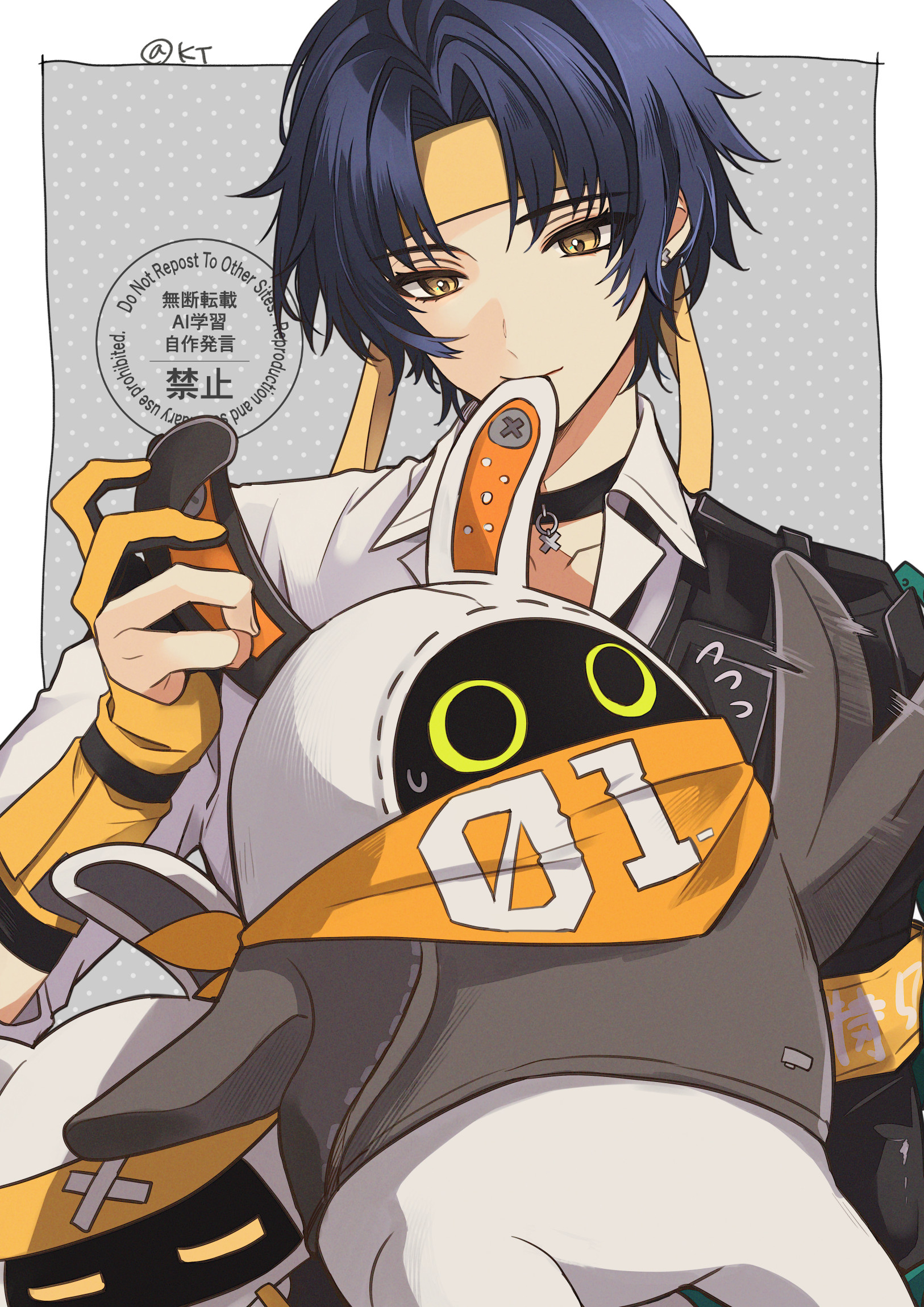 tanuki nishi, asaba harumasa, asaboo (zenless zone zero), bangboo (zenless zone zero), eous (zenless zone zero), zenless zone zero, biting ear, commentary request, highres, 1boy, bandana, bandana around neck, biting, black choker, black hair, black necktie, border, choker, collarbone, dotted background, earrings, flying sweatdrops, gloves, grey background, headband, jewelry, looking at another, male focus, necktie, orange bandana, parted bangs, partially fingerless gloves, pendant choker, shirt, short hair, sweatdrop, twitter username, upper body, white border, white shirt, yellow eyes, yellow gloves, yellow headband