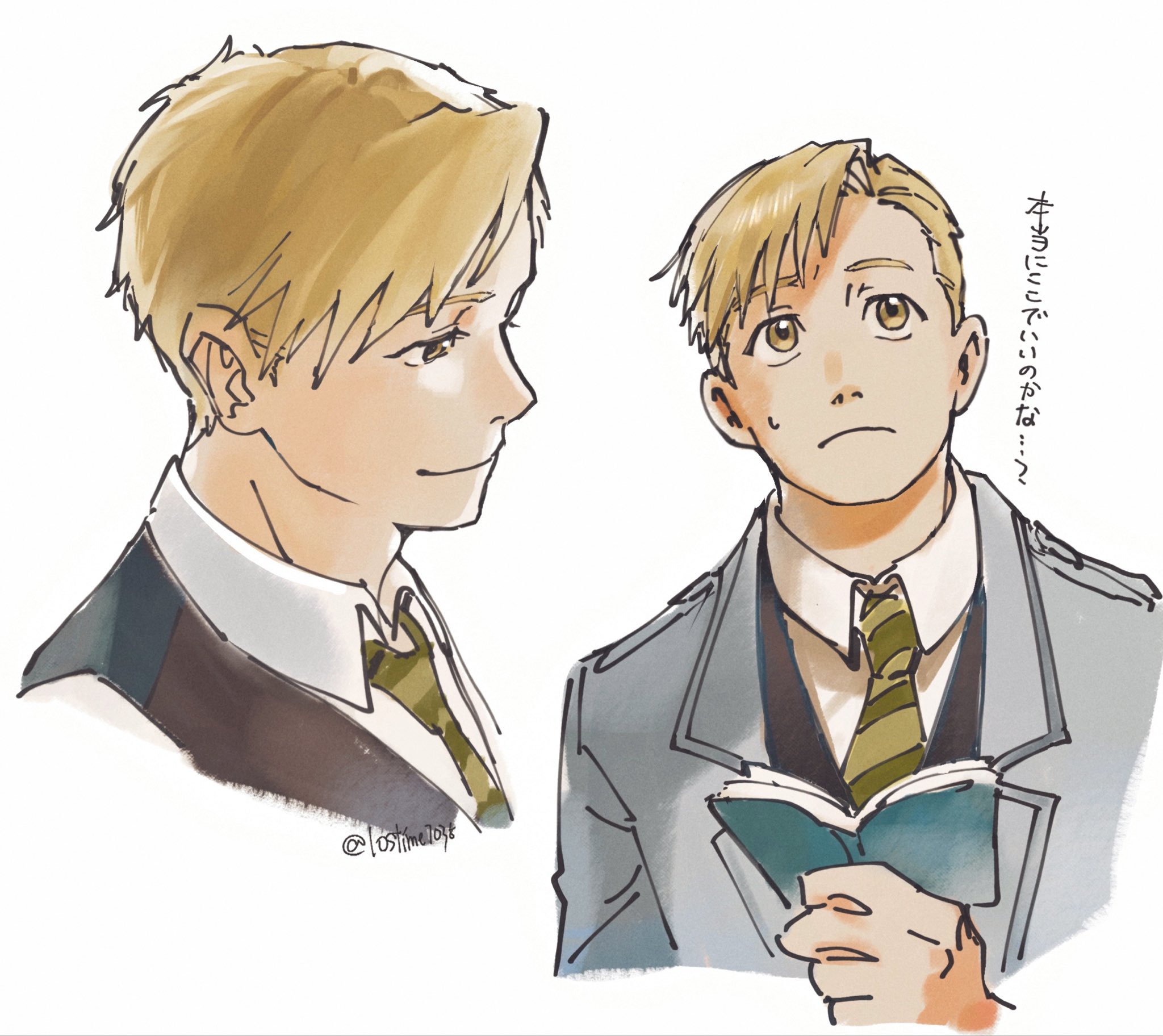alphonse elric, fullmetal alchemist, commentary request, highres, translation request, 1boy, black vest, blonde hair, book, closed mouth, collared shirt, grey jacket, holding, holding book, jacket, light frown, light smile, lostime7035, male focus, multiple views, necktie, shirt, short hair, solo, striped clothes, striped necktie, sweat, twitter username, upper body, vest, waistcoat, white background, white shirt, yellow eyes