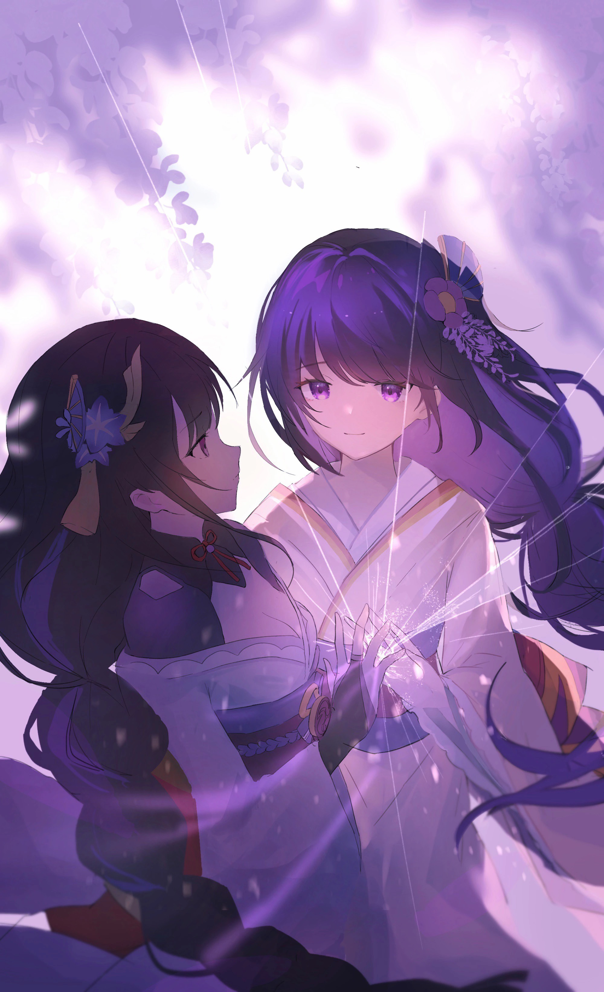 shumuji, makoto (genshin impact), raiden shogun, genshin impact, absurdres, commentary, highres, 2girls, blunt bangs, blurry, braid, breasts, bridal gauntlets, cleavage, depth of field, fan hair ornament, flower, from side, glowing, gradient hair, hair ornament, japanese clothes, kimono, long braid, long sleeves, multicolored hair, multiple girls, outdoors, purple background, purple kimono, siblings, single braid, sisters, twins, wide sleeves, wisteria
