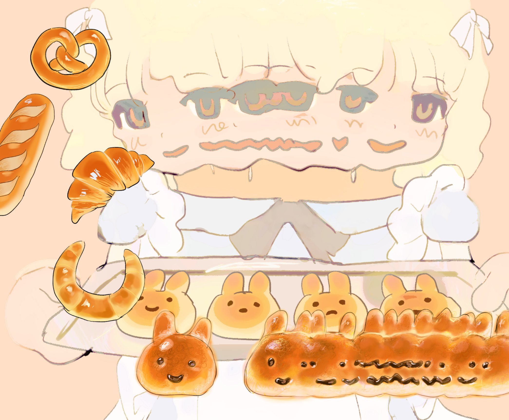 xgshjsgha, character request, copyright request, highres, 1girl, animal-themed food, blonde hair, bread, brown eyes, bun (food), croissant, distortion, dress, food, hair ribbon, hands up, holding, holding tray, looking at viewer, medium hair, neck ribbon, open mouth, pastry, pretzel, puffy short sleeves, puffy sleeves, ribbon, short sleeves, simple background, smile, solo, tray, white dress, white ribbon