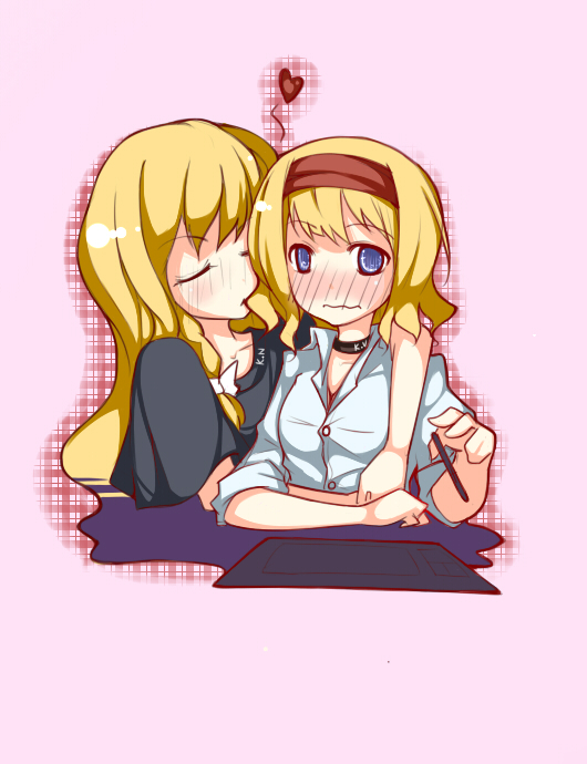 noirly, alice margatroid, kirisame marisa, touhou, 2girls, alternate costume, blonde hair, blue eyes, blush, closed eyes, contemporary, drawing tablet, female focus, hair in own mouth, hairband, long hair, mouth hold, multiple girls, short hair, sleeves rolled up