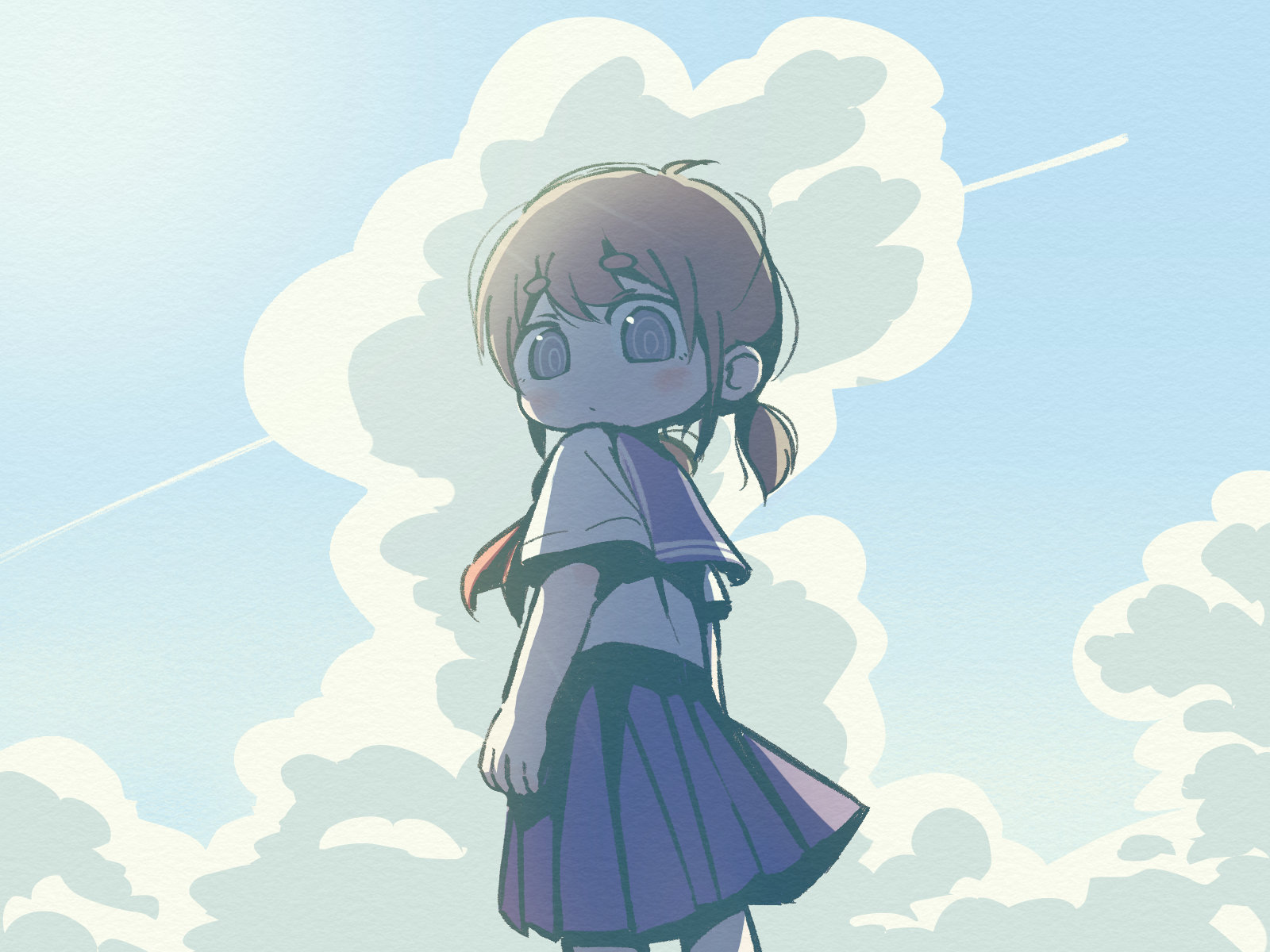 yabisara, original, commentary request, highres, 1girl, backlighting, brown hair, cloud, contrail, cowboy shot, day, looking at viewer, looking back, low twintails, miniskirt, neckerchief, outdoors, pleated skirt, purple sailor collar, purple skirt, red neckerchief, sailor collar, school uniform, serafuku, shirt, short sleeves, short twintails, skirt, standing, twintails, white shirt