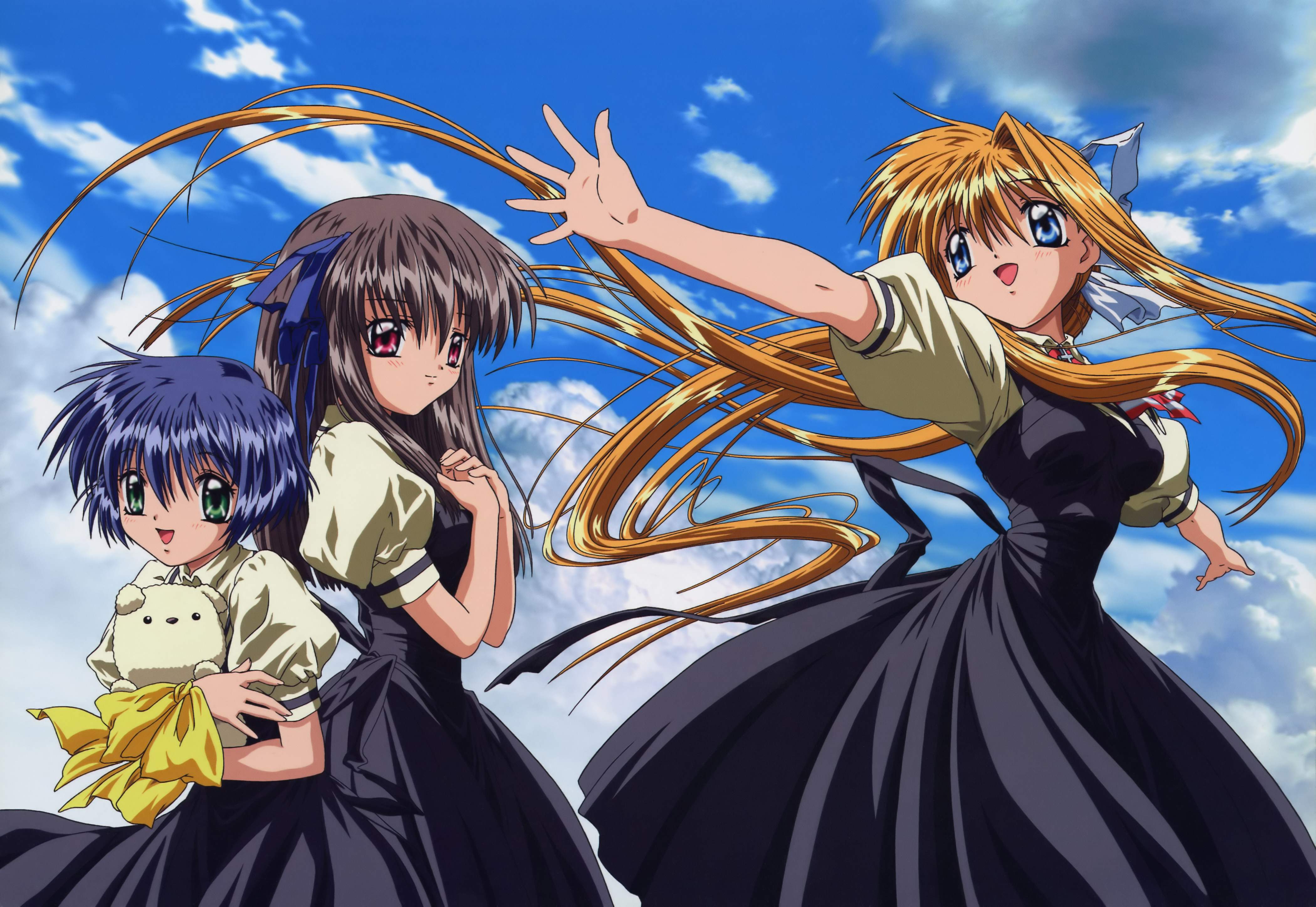 kamio misuzu, kirishima kano, toono minagi, air, absurdres, highres, blonde hair, blue eyes, blue hair, brown hair, green eyes, ponytail, red eyes, short hair, sky