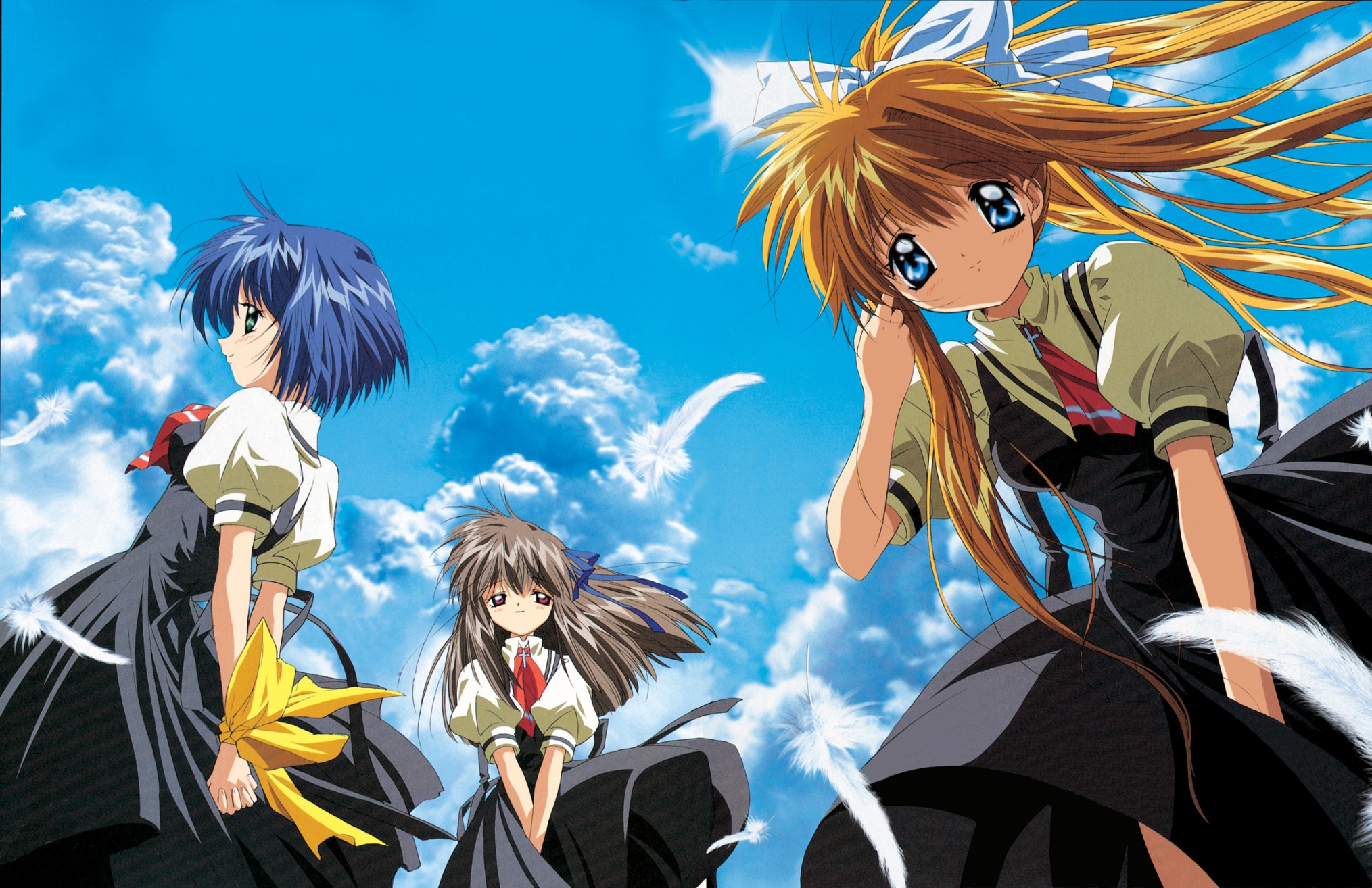 kamio misuzu, kirishima kano, toono minagi, air (visual novel), highres, scan, 00s, blonde hair, blue eyes, blue hair, brown hair, feathers, long hair, ponytail, red eyes, ribbon, short hair, sky