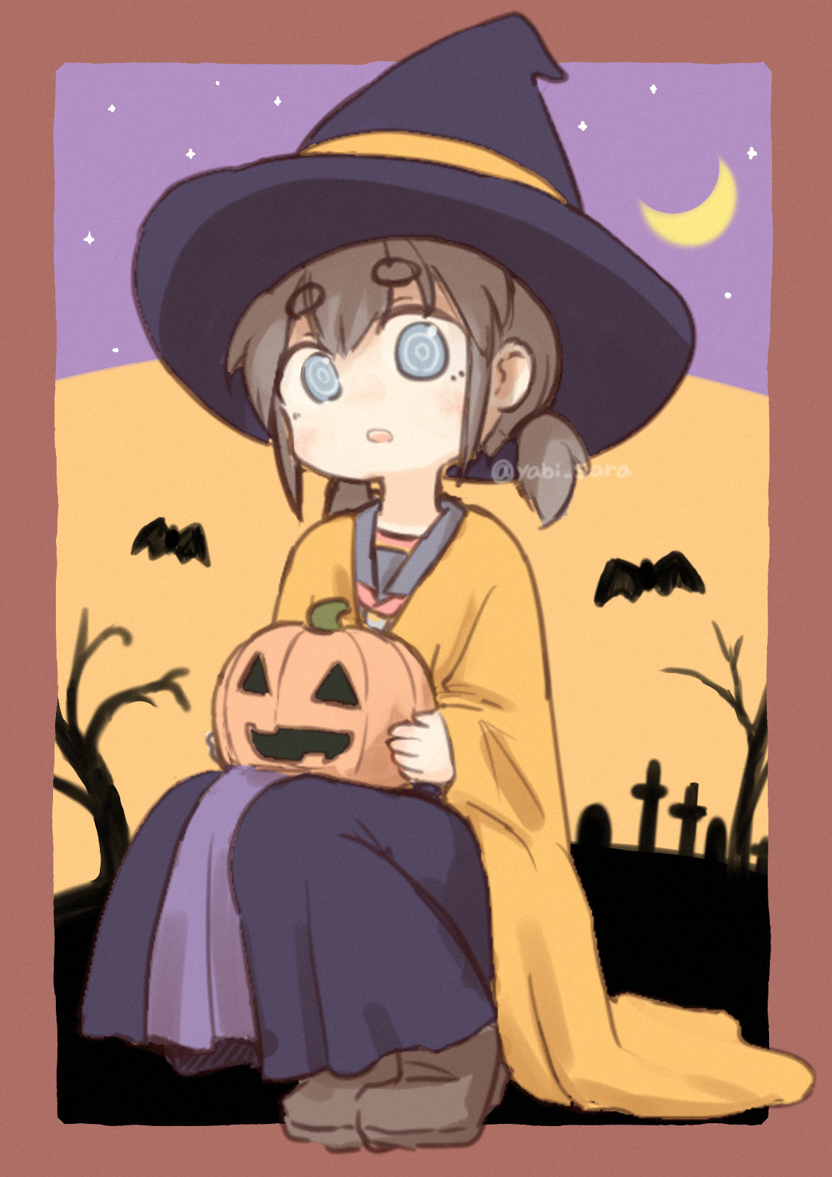 yabisara, original, commentary request, highres, 1girl, bat (animal), brown hair, coat, crescent moon, full body, halloween, halloween costume, hat, holding, holding pumpkin, jack-o'-lantern, long skirt, looking at viewer, low twintails, moon, pumpkin, short twintails, skirt, solo, squatting, twintails, witch hat, yellow coat