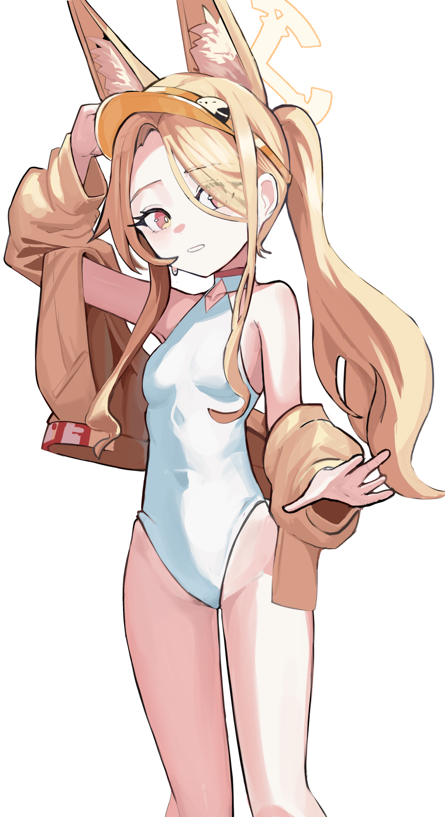 solokitsune, seia (blue archive), seia (swimsuit) (blue archive), blue archive, commentary request, highres, 1girl, animal ears, blonde hair, breasts, fox ears, fox girl, halo, jacket, long hair, looking at viewer, no tail, official alternate costume, one-piece swimsuit, simple background, small breasts, solo, standing, swimsuit, visor cap, white background, white one-piece swimsuit, yellow halo, yellow jacket