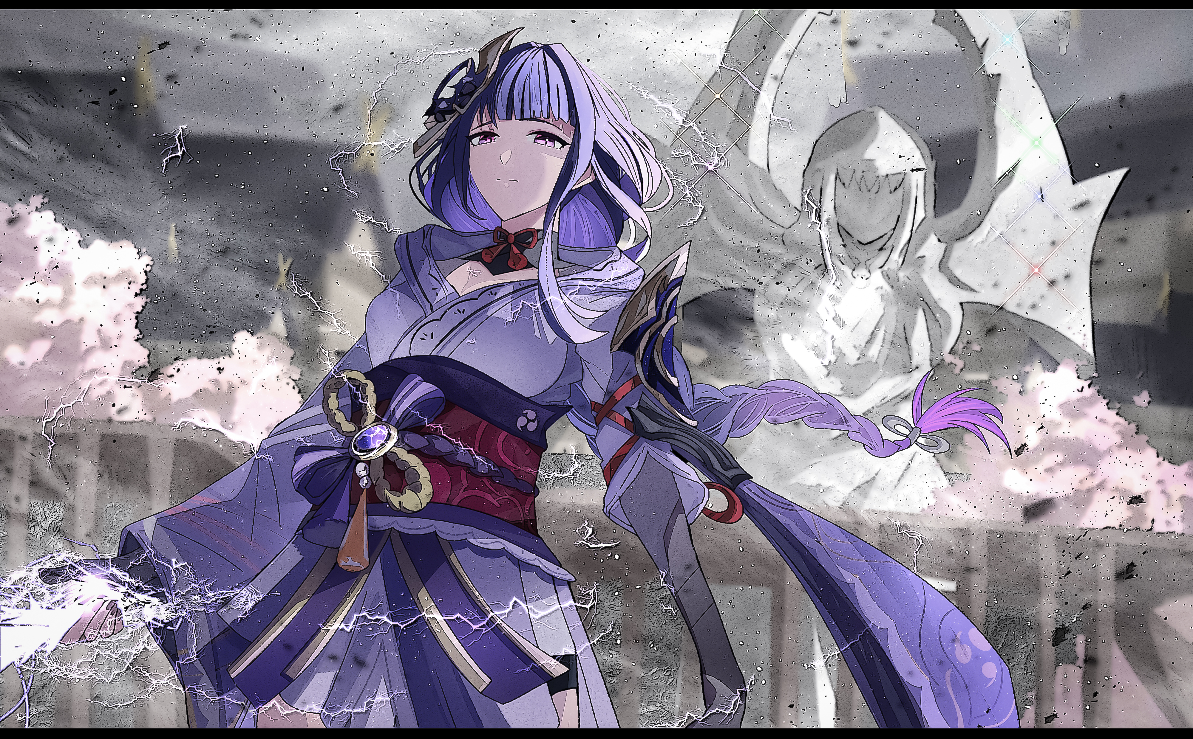 zeroartwo, raiden shogun, genshin impact, absurdres, commentary request, highres, 1girl, blunt bangs, blurry, blurry background, braid, bridal gauntlets, cherry blossoms, cloud, cloudy sky, electricity, glowing, glowing weapon, gradient hair, grey background, grey sky, hair ornament, hair ribbon, japanese clothes, kimono, leaning to the side, long braid, long hair, multicolored hair, neck ribbon, no mole, outdoors, purple eyes, purple hair, purple kimono, red ribbon, red sash, ribbon, sash, shade, single braid, sky, solo, standing, statue, statue of the seven, storm, tree, upper body, weapon, wind, wings