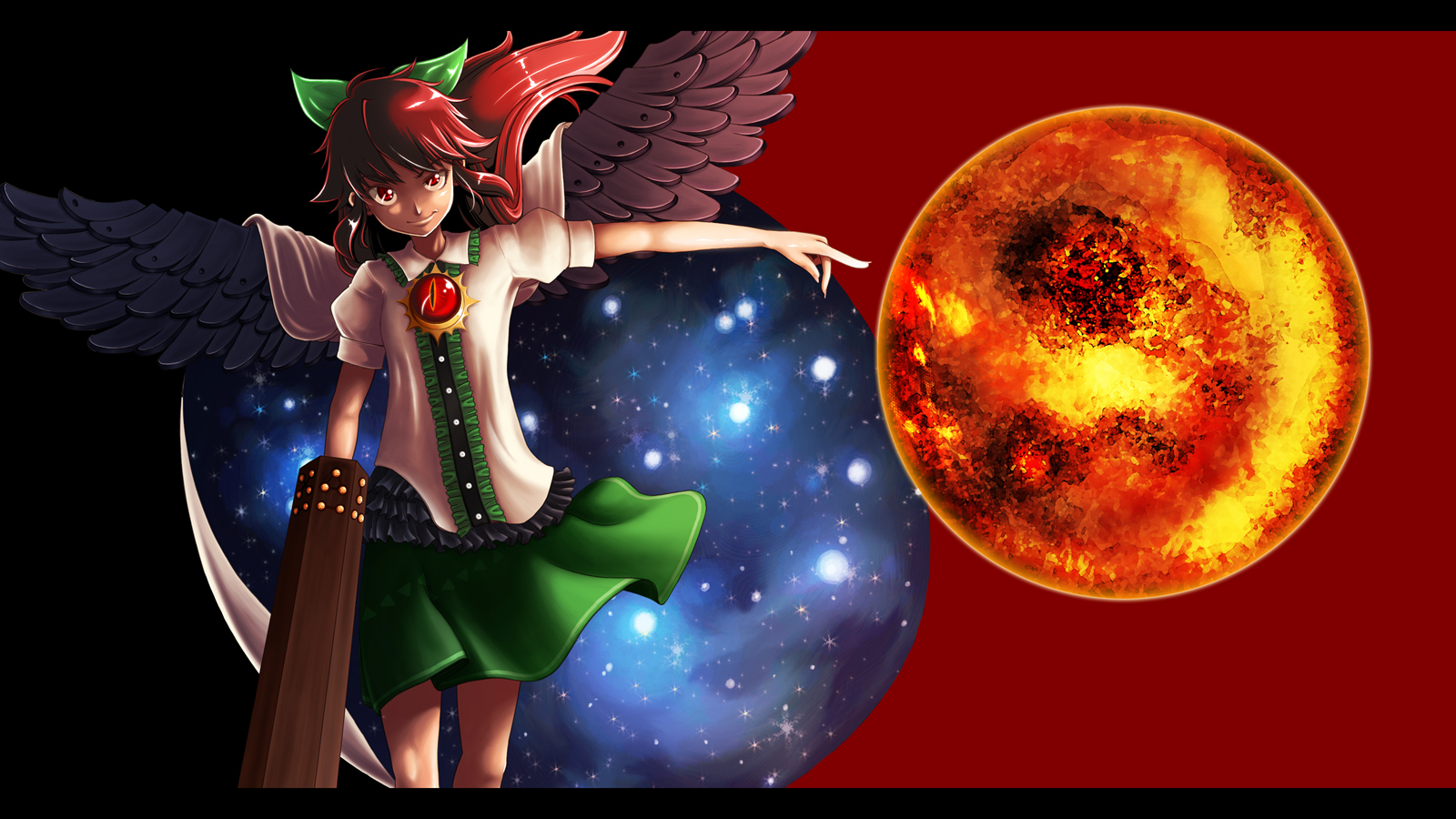 nerikeshi, reiuji utsuho, touhou, bad id, bad pixiv id, highres, 1girl, bow, brown hair, female focus, long hair, red eyes, solo, sun, wings