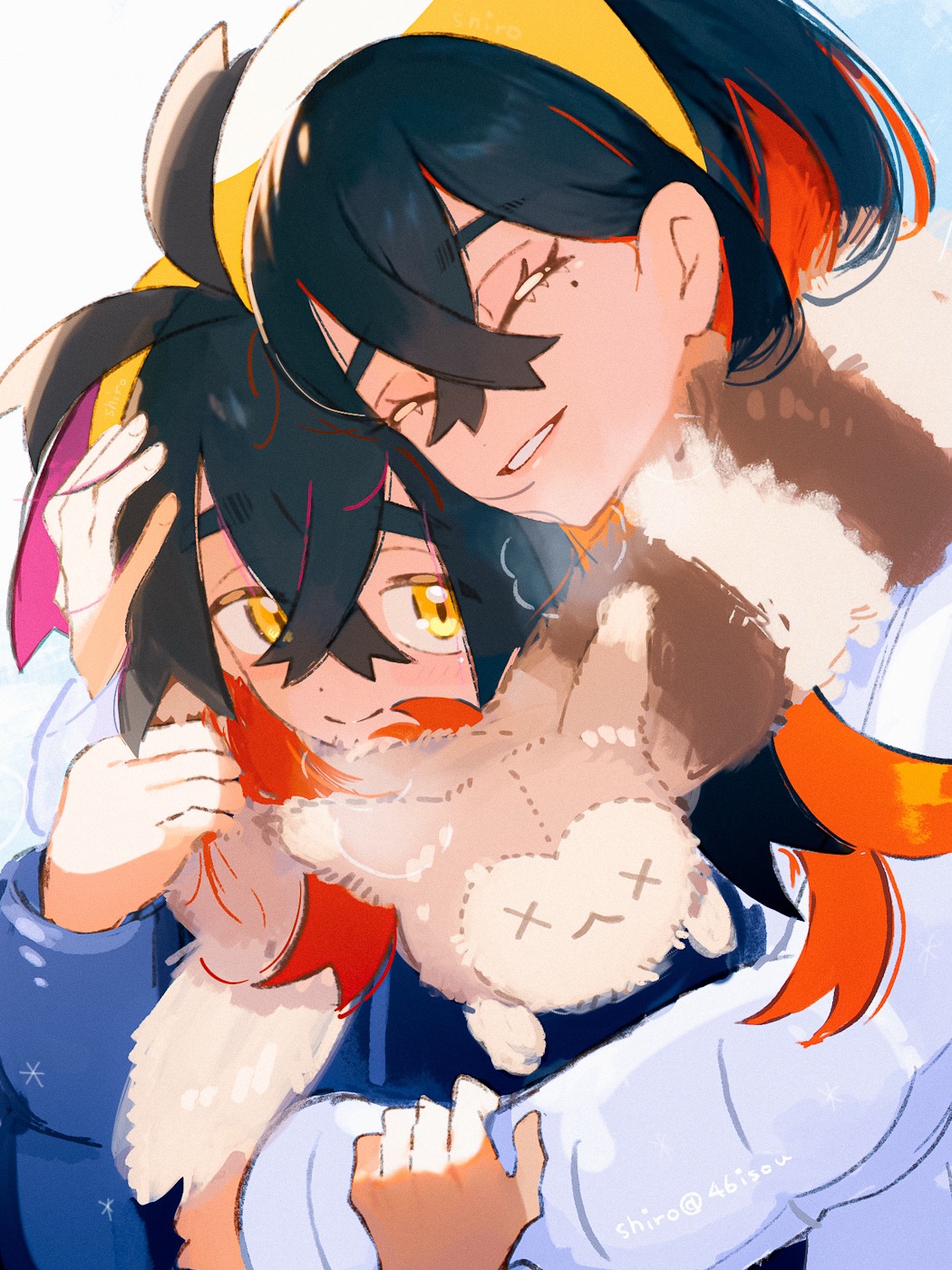 shiro (46isou), carmine (pokemon), furret, kieran (pokemon), nintendo, pokemon, pokemon sv, commentary request, highres, 1boy, 1girl, black hair, blue jacket, blush, brother and sister, closed eyes, crossed bangs, eyelashes, gen 2 pokemon, hair between eyes, hug, jacket, long hair, long sleeves, mole, mole under eye, multicolored hair, purple hair, red hair, scarf, siblings, simple background, smile, upper body, white jacket, yellow eyes