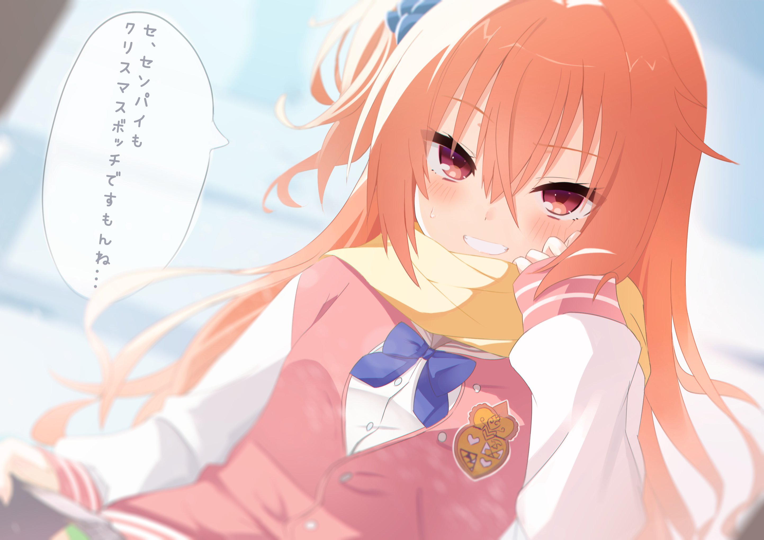 doruzou18, inaba meguru, sanoba witch, commentary request, highres, translation request, 1girl, :d, blue bow, blue bowtie, blue scrunchie, blurry, blurry background, blush, bow, bowtie, clothes lift, cowboy shot, dutch angle, eyelashes, eyes visible through hair, green panties, grin, hair between eyes, hair ornament, hair scrunchie, hand up, jacket, letterman jacket, lifting own clothes, long hair, looking at viewer, naughty face, one side up, open mouth, orange hair, out-of-frame censoring, panties, pink jacket, red eyes, scarf, scrunchie, skirt, skirt lift, sleeves past wrists, smile, solo, speech bubble, sweatdrop, tsurime, underwear, very long hair, white sleeves, yellow scarf