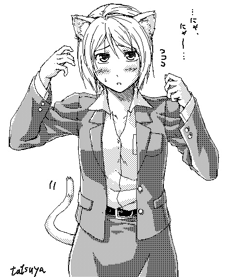 armored core, armored core: for answer, armored core 4, fromsoftware, 1girl, animal ears, cat ears, cat girl, female focus, formal clothes, monochrome, solo, standing, white background