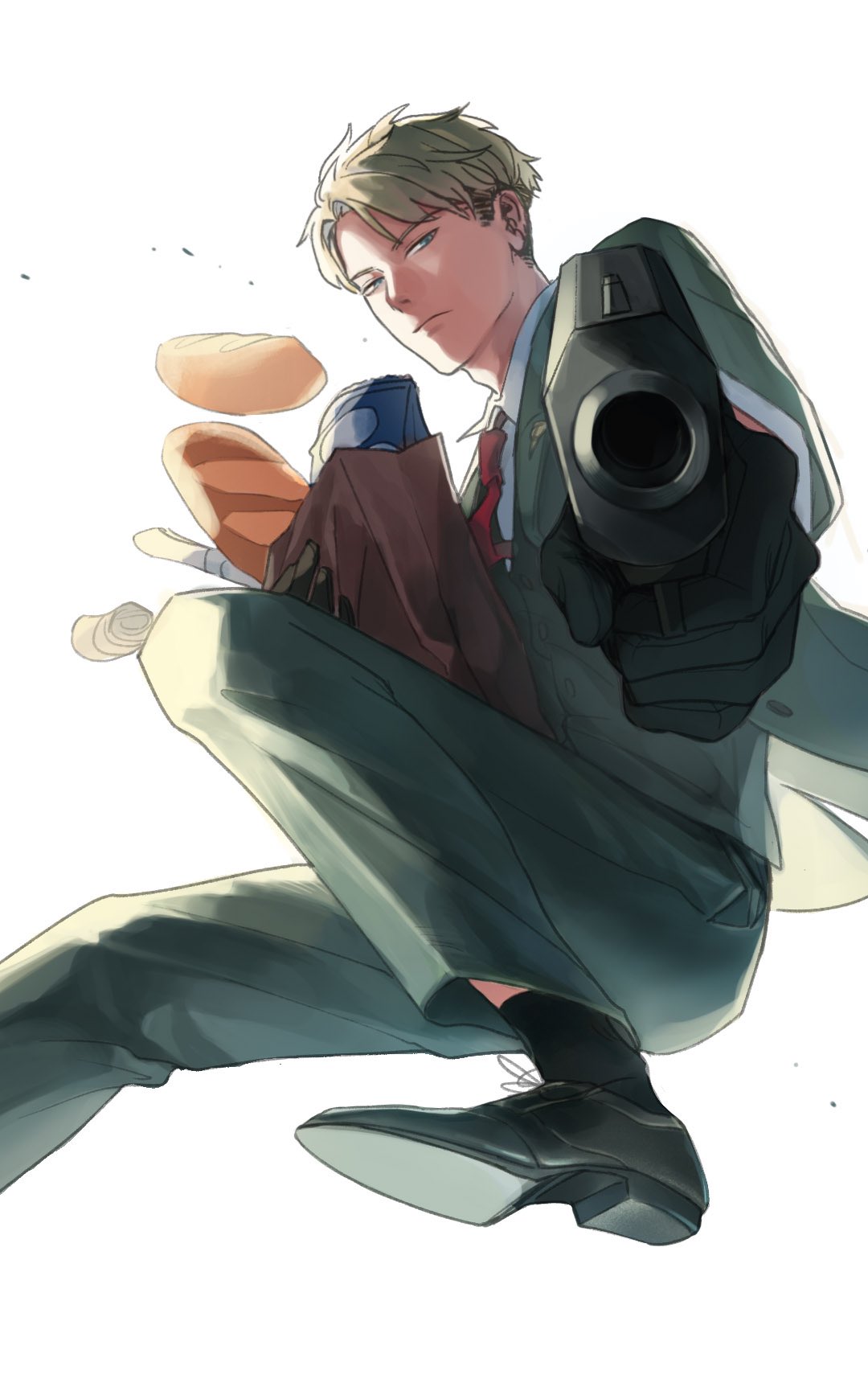 twilight (spy x family), spy x family, commentary, english commentary, highres, 1boy, aiming, aiming at viewer, bag, black gloves, black shoes, black socks, blonde hair, blue eyes, bread, closed mouth, collared shirt, dress shoes, food, formal clothes, gloves, green jacket, green pants, green suit, gun, handgun, holding, holding bag, holding gun, holding weapon, jacket, loaf of bread, looking at viewer, lostime7035, male focus, necktie, pants, paper bag, parted bangs, red necktie, shirt, shoes, short hair, socks, solo, suit, weapon, white background, white shirt