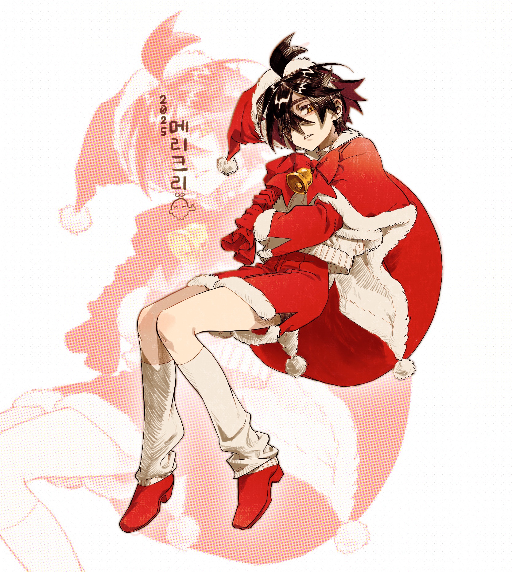 saesoon dobby, kieran (pokemon), nintendo, pokemon, pokemon sv, commentary request, highres, 1boy, black hair, boots, bow, bowtie, capelet, christmas, fur-trimmed shorts, fur trim, gloves, hair between eyes, hair over one eye, hat, korean text, leg warmers, long sleeves, male focus, mole, mole on neck, orange eyes, pom pom (clothes), purple hair, red boots, red bow, red bowtie, red capelet, red gloves, red shorts, santa costume, santa hat, shorts, simple background, solo, white background, white leg warmers, zoom layer