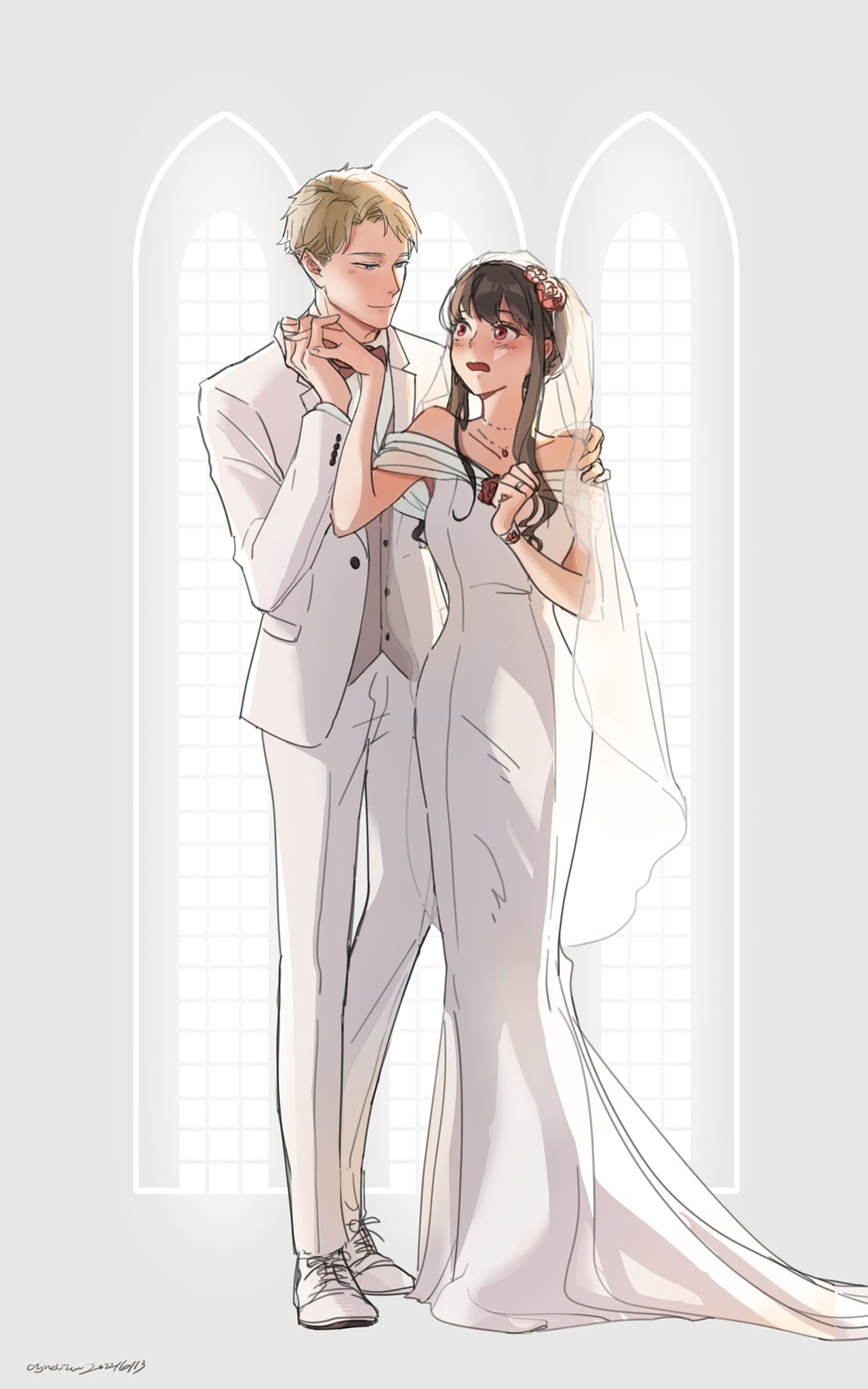 twilight (spy x family), yor briar, spy x family, commentary request, highres, 1boy, 1girl, black hair, blonde hair, blush, bow, bowtie, breasts, bridal veil, bride, church, closed mouth, collared shirt, couple, dated, dress, flower, full body, grey bow, grey bowtie, grey vest, groom, hair flower, hair ornament, hand on another's shoulder, hetero, holding hands, husband and wife, interlocked fingers, jacket, jewelry, long dress, long hair, looking at viewer, lostime7035, medium breasts, mermaid dress, off-shoulder dress, off shoulder, open mouth, pants, ring, shirt, shoes, short hair, sidelocks, signature, standing, suit jacket, updo, veil, vest, wedding dress, wedding ring, white dress, white jacket, white pants, white shirt, white shoes, window