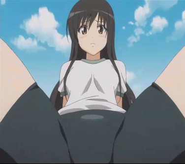 kotegawa yui, to love-ru, crotch, animated, animated gif, anime screenshot, bad aspect ratio, lowres, 00s, 1girl, arms behind back, bike shorts, black hair, blue sky, blush, cloud, cloudy sky, day, exercising, female focus, foreshortening, from below, frown, gym uniform, legs up, long hair, looking at viewer, outdoors, shirt, sidelocks, sitting, sky, solo, spread legs, t-shirt, yellow eyes