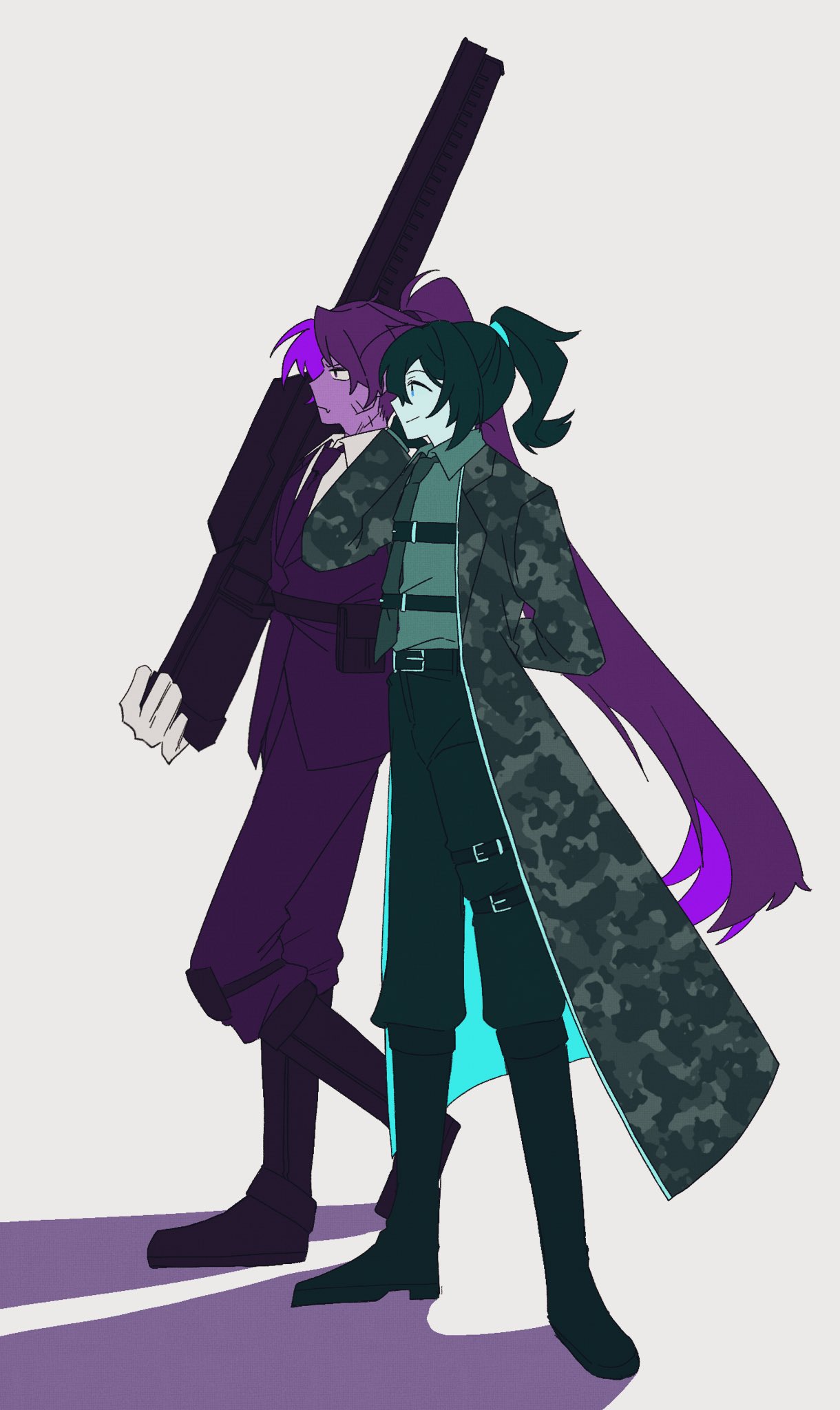 nantekottawo!!, heathcliff (project moon), hong lu (project moon), limbus company, project moon, commentary, highres, 2boys, belt, boots, camouflage, camouflage coat, chest harness, closed mouth, coat, collared shirt, full-stop office (identity) (project moon), full body, gloves, gun, harness, high ponytail, holding, holding gun, holding weapon, long hair, male focus, multiple boys, multiple monochrome, pants, ponytail, shirt, smile, thigh strap, very long hair, weapon