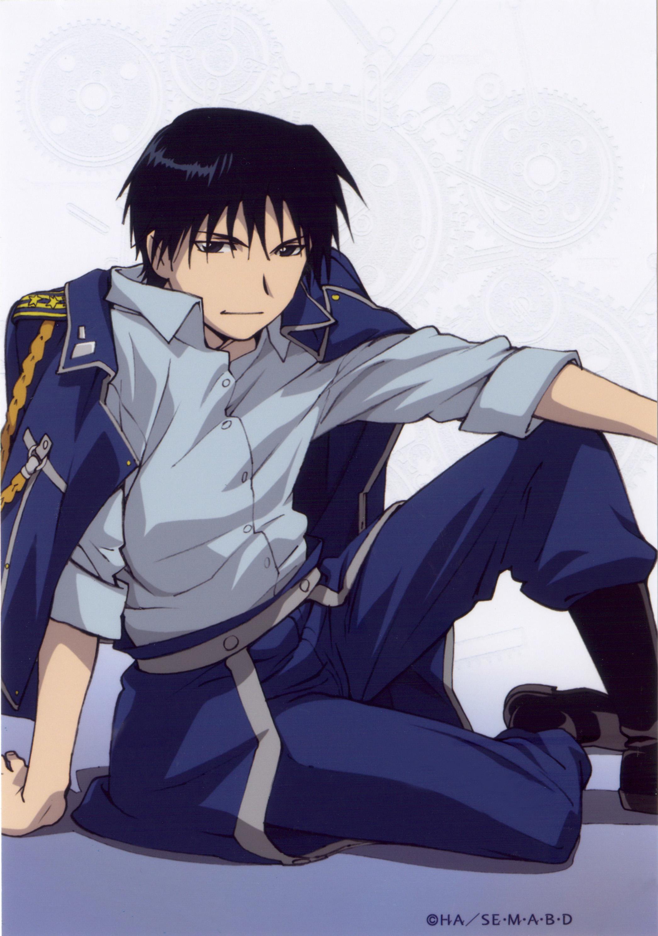 roy mustang, fullmetal alchemist, absurdres, highres, official art, 00s, 1boy, aiguillette, black hair, blue eyes, male focus, military, military uniform, shirt, sitting, solo