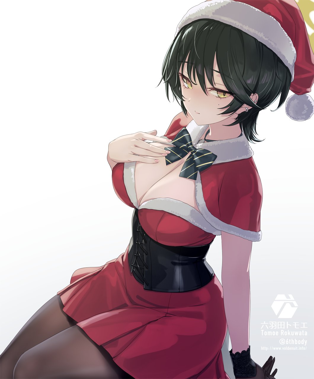 rokuwata tomoe, fuyu (blue archive), blue archive, commentary request, highres, 1girl, ahoge, breasts, christmas, dress, fur-trimmed dress, fur trim, green eyes, green hair, green halo, halo, hat, large breasts, mole, santa costume, santa dress, santa hat, short hair, wolf cut