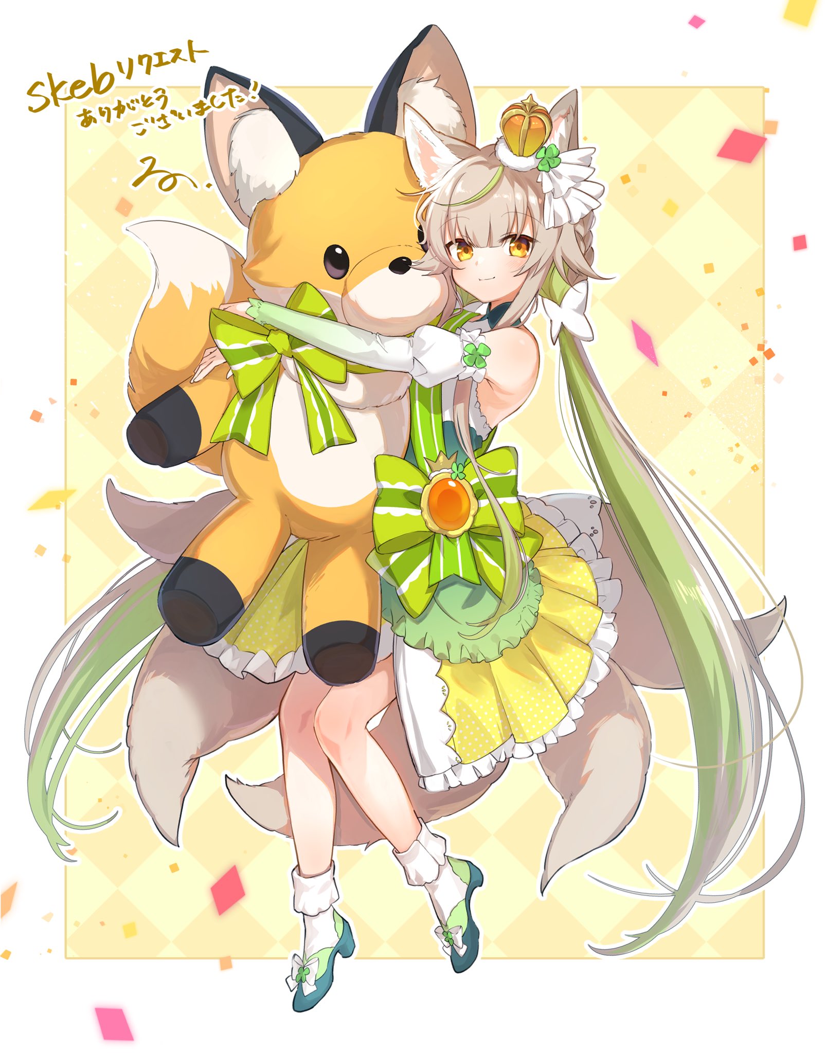 rono (iwant ab), indie virtual youtuber, commentary request, commission, highres, second-party source, skeb commission, translation request, 1girl, animal ears, bow, braid, brown hair, clover hair ornament, crown, detached sleeves, four-leaf clover hair ornament, fox ears, fox girl, fox tail, full body, green bow, green hair, hair ornament, holding, holding stuffed toy, juliet sleeves, long hair, long sleeves, low twintails, mini crown, multicolored hair, orange eyes, pleated skirt, puffy sleeves, samon shana (vtuber), skirt, socks, solo, stuffed animal, stuffed fox, stuffed toy, tail, tail under clothes, twintails, two-tone hair, very long hair, virtual youtuber, white socks