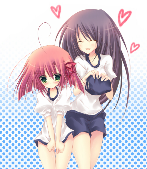 asakura hayate, asakura ibuki, akaba chizuru, sakurano kurimu, seitokai no ichizon, bad id, bad pixiv id, 00s, 2girls, ahoge, black hair, blush, buruma, closed eyes, embarrassed, flat chest, green eyes, gym shorts, gym uniform, heart, loli, long hair, multiple girls, pink hair, short hair, shorts, smile