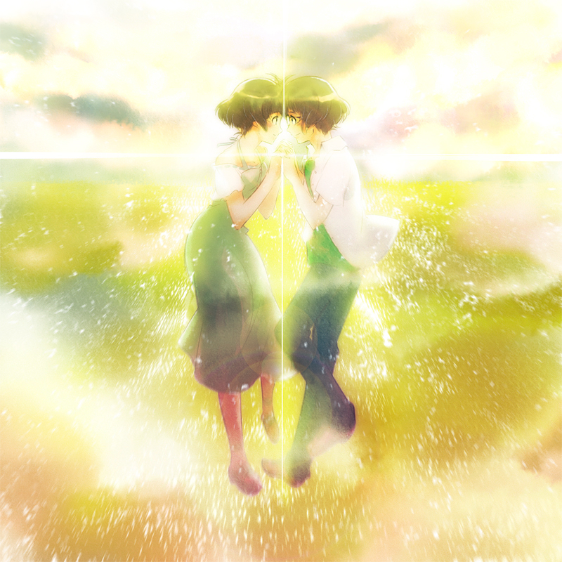 riyo (riyontoko), akizuki ryo, idolmaster, idolmaster dearly stars, light, 00s, blouse, crossdressing, dual persona, from side, holding hands, off shoulder, outdoors, shirt, trap, white shirt