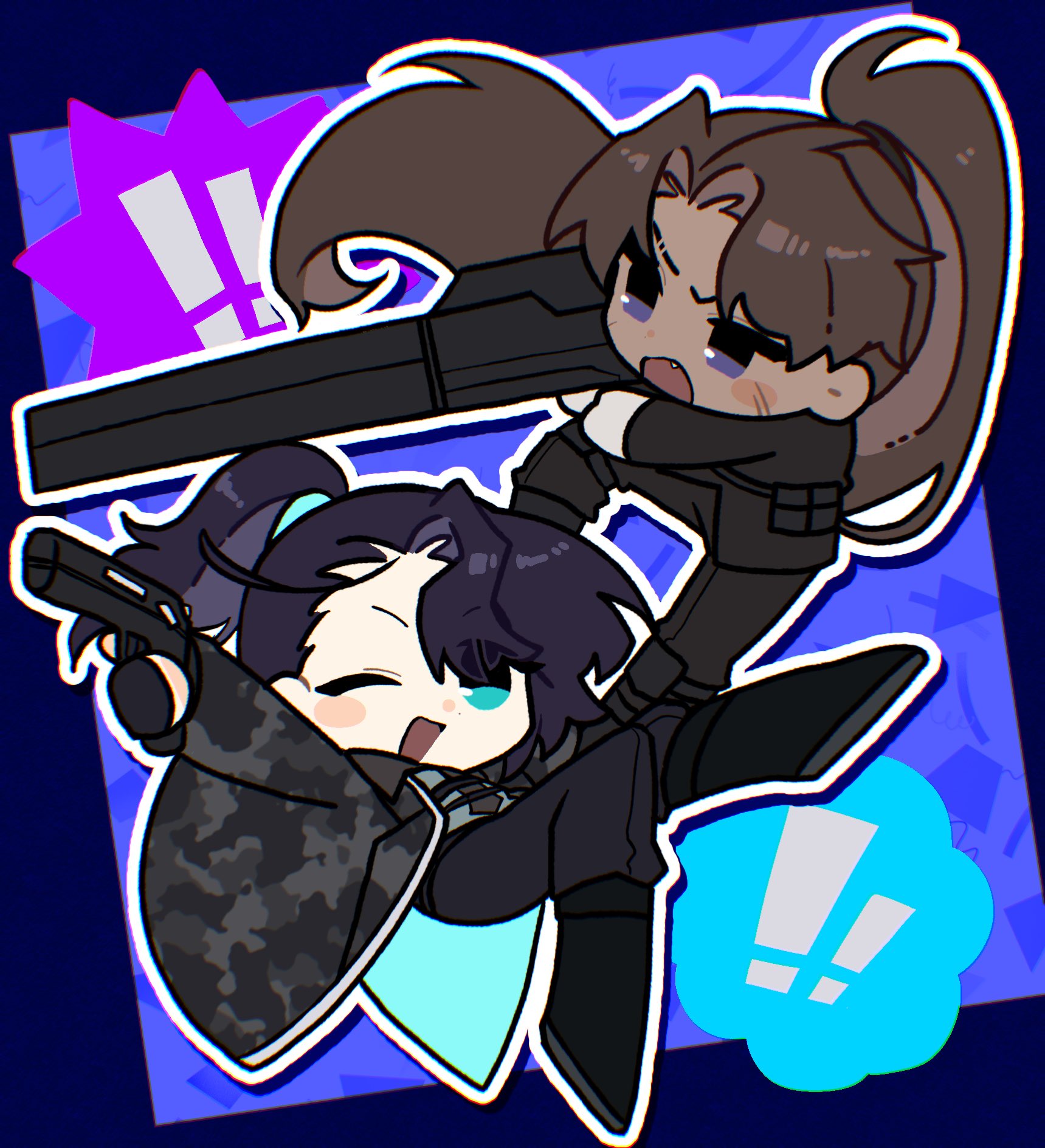 nantekottawo!!, heathcliff (project moon), hong lu (project moon), limbus company, project moon, highres, 2boys, aqua eyes, black boots, black coat, black gloves, black jacket, black pants, boots, brown hair, camouflage, camouflage coat, chibi, coat, fang, fingerless gloves, full-stop office (identity) (project moon), gloves, gun, hair intakes, high ponytail, holding, holding gun, holding weapon, jacket, long hair, male focus, multiple boys, one eye closed, open mouth, pants, ponytail, purple eyes, v-shaped eyebrows, very long hair, weapon