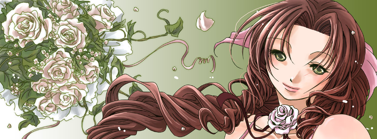 aska kamijo, aerith gainsborough, final fantasy, final fantasy vii, 1990s (style), bouquet, brown hair, flower, green eyes, long hair, pink ribbon, ribbon, rose