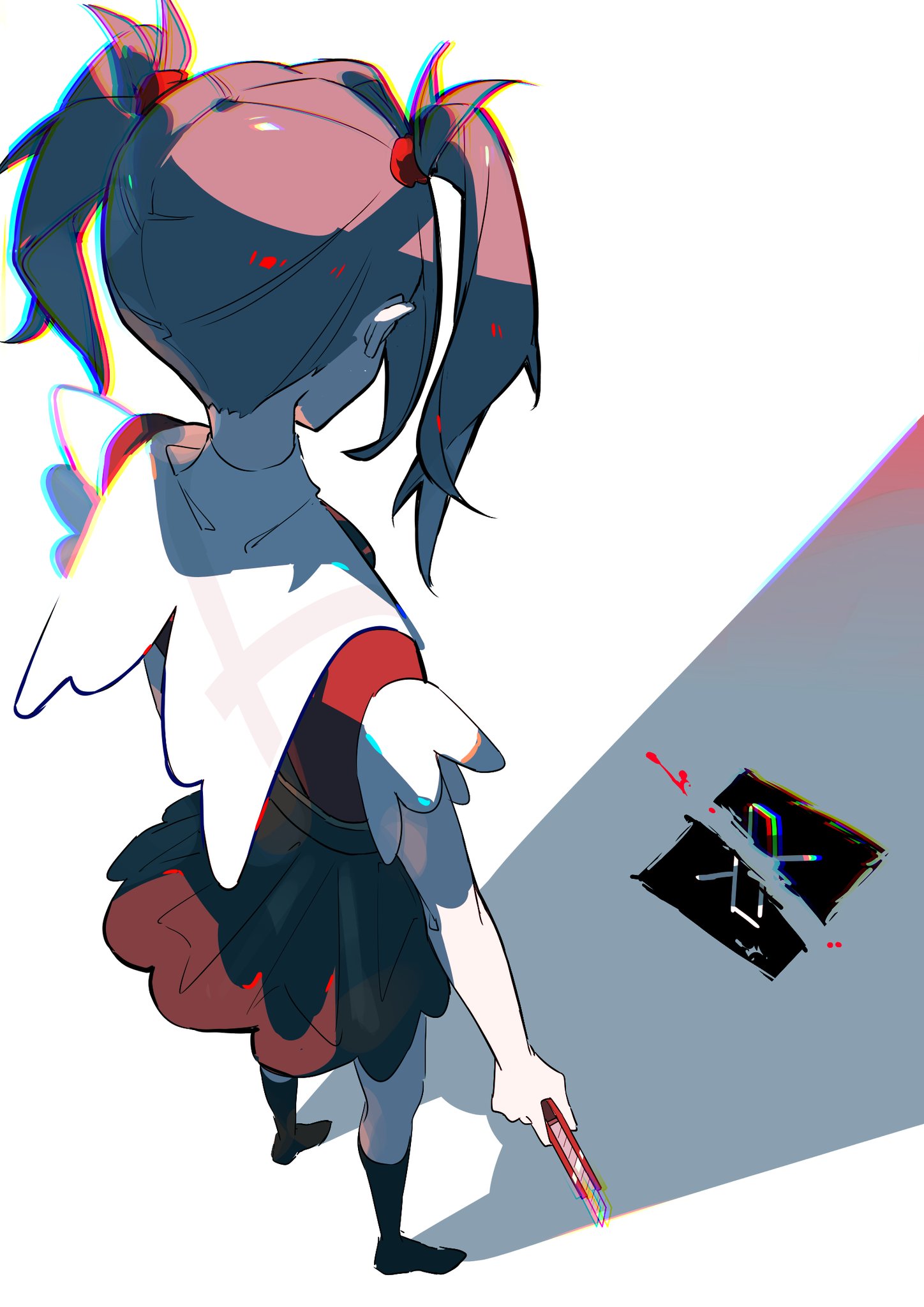 hiro (yoshi chan), ame-chan (needy girl overdose), needy girl overdose, twitter, highres, 1girl, ai-generated art (topic), black hair, black skirt, black socks, blood, boxcutter, chromatic aberration, collar, facing away, from behind, hair tie, holding, holding boxcutter, red shirt, shadow, shirt, short hair, short sleeves, skirt, socks, solo, standing, twintails, twitter x logo, white background, white collar