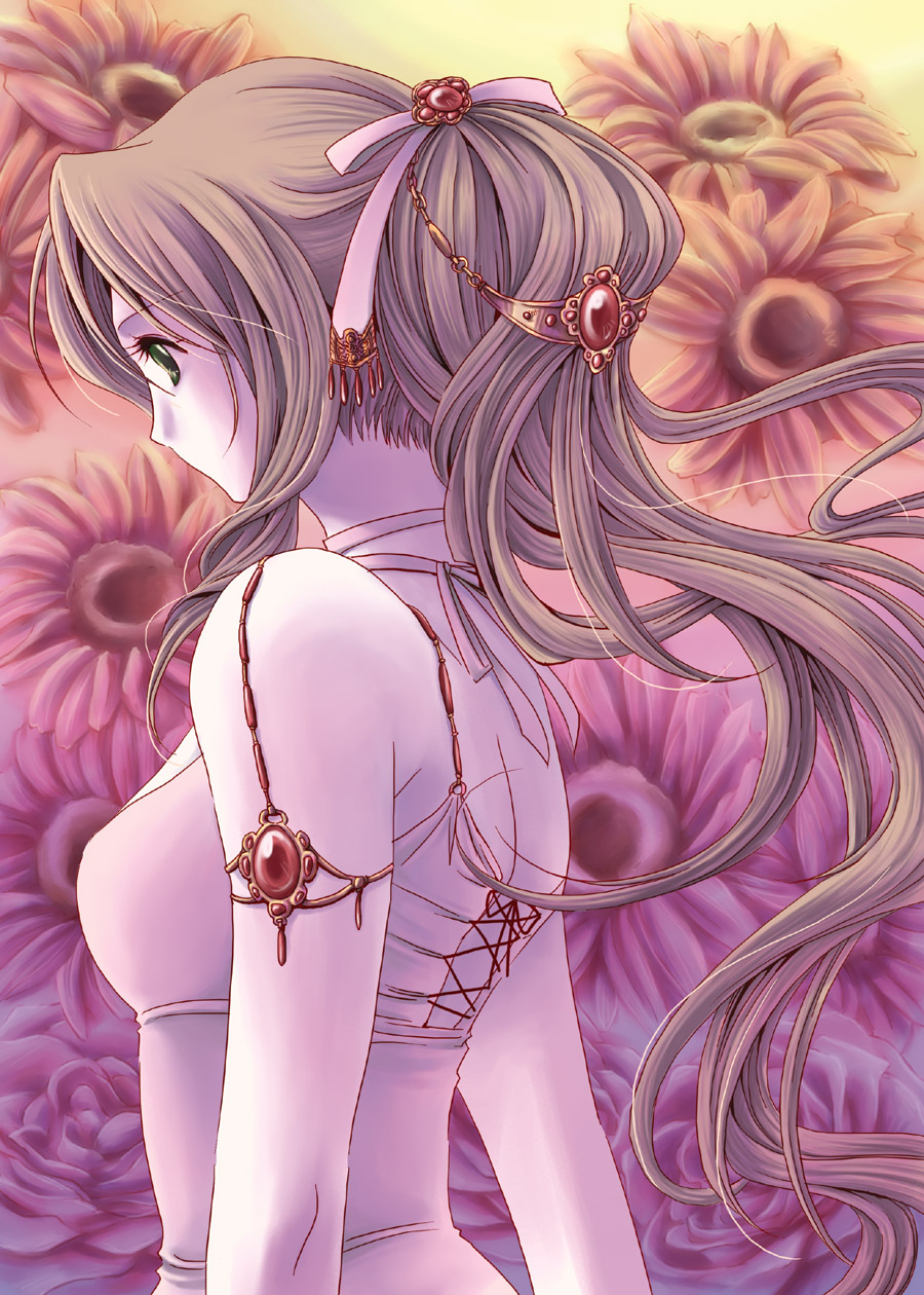 aska-k, aska kamijo, aerith gainsborough, final fantasy, final fantasy vii, highres, 1990s (style), 1girl, bow, brown hair, female focus, flower, green eyes, hair ornament, jewelry, long hair, pink bow, ponytail, retro artstyle, ribbon, solo