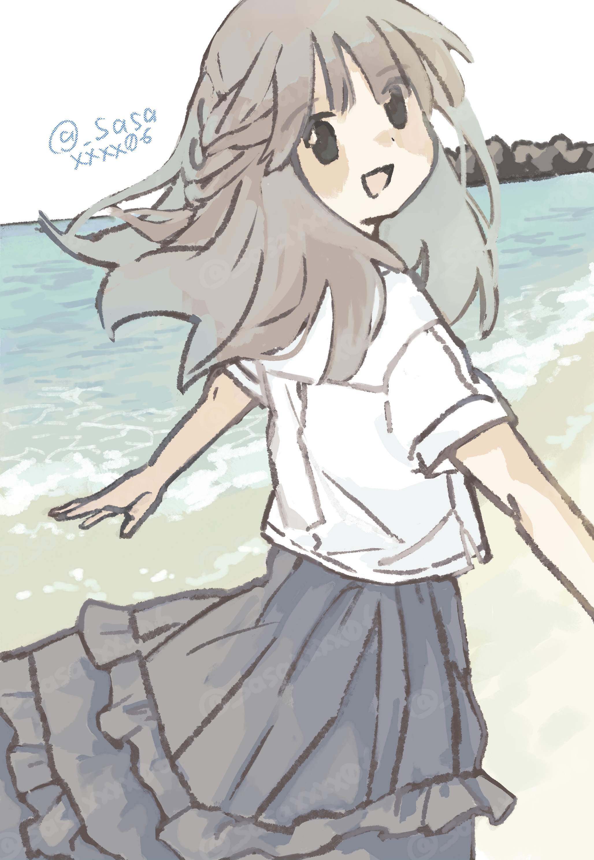 sasaxxxx06, original, absurdres, commentary request, highres, 1girl, beach, day, frilled skirt, frills, grey skirt, long hair, long skirt, looking at viewer, looking back, ocean, open mouth, outdoors, shirt, short sleeves, skirt, smile, white shirt
