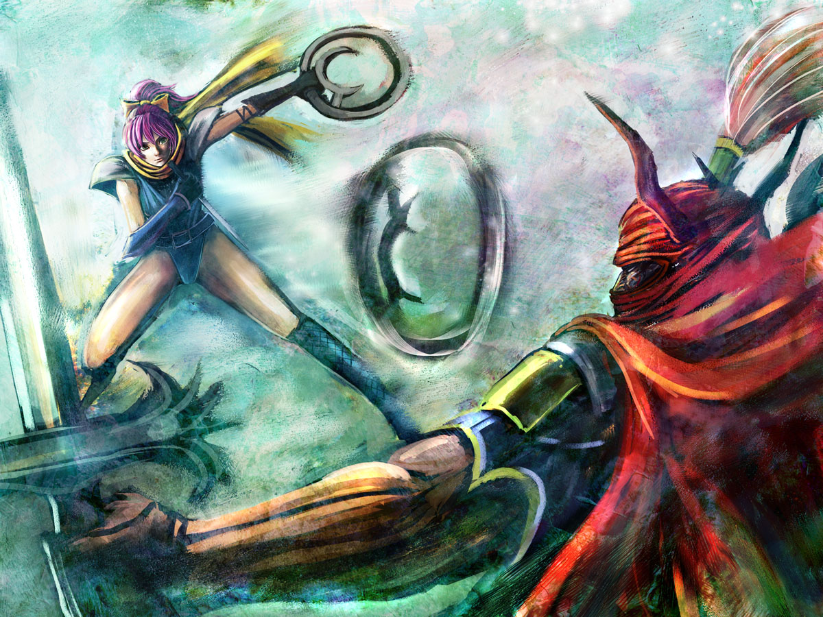 bccp, faris scherwiz, gilgamesh (final fantasy), final fantasy, final fantasy v, 1990s (style), belt, boots, katana, long hair, ninja, ponytail, purple hair, ribbon, scarf, sword, throwing, weapon, yellow ribbon