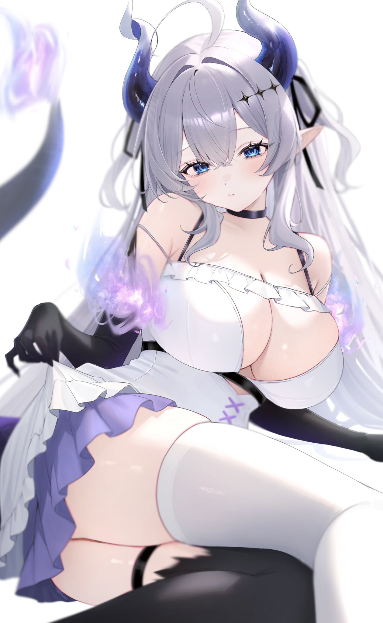 namedango (uouodango), vaipyre (vtuber), indie virtual youtuber, commentary, commission, english commentary, highres, second-party source, 1girl, ahoge, asymmetrical horns, bare shoulders, black choker, blue eyes, blush, breasts, center opening, choker, cleavage, cleavage cutout, closed mouth, clothes lift, clothing cutout, collarbone, colored extremities, crossed bangs, dragon girl, dragon horns, dragon tail, dress, dress lift, fire, flame-tipped tail, frilled dress, frills, gradient horns, grey hair, hair between eyes, hair intakes, hair ornament, hair ribbon, head tilt, horns, large breasts, layered dress, long hair, looking at viewer, lying, multicolored horns, pointy ears, ribbon, sidelocks, single thighhigh, solo, star (symbol), star hair ornament, tail, thigh strap, thighhighs, thighs, two side up, very long hair, virtual youtuber, white dress, white thighhighs