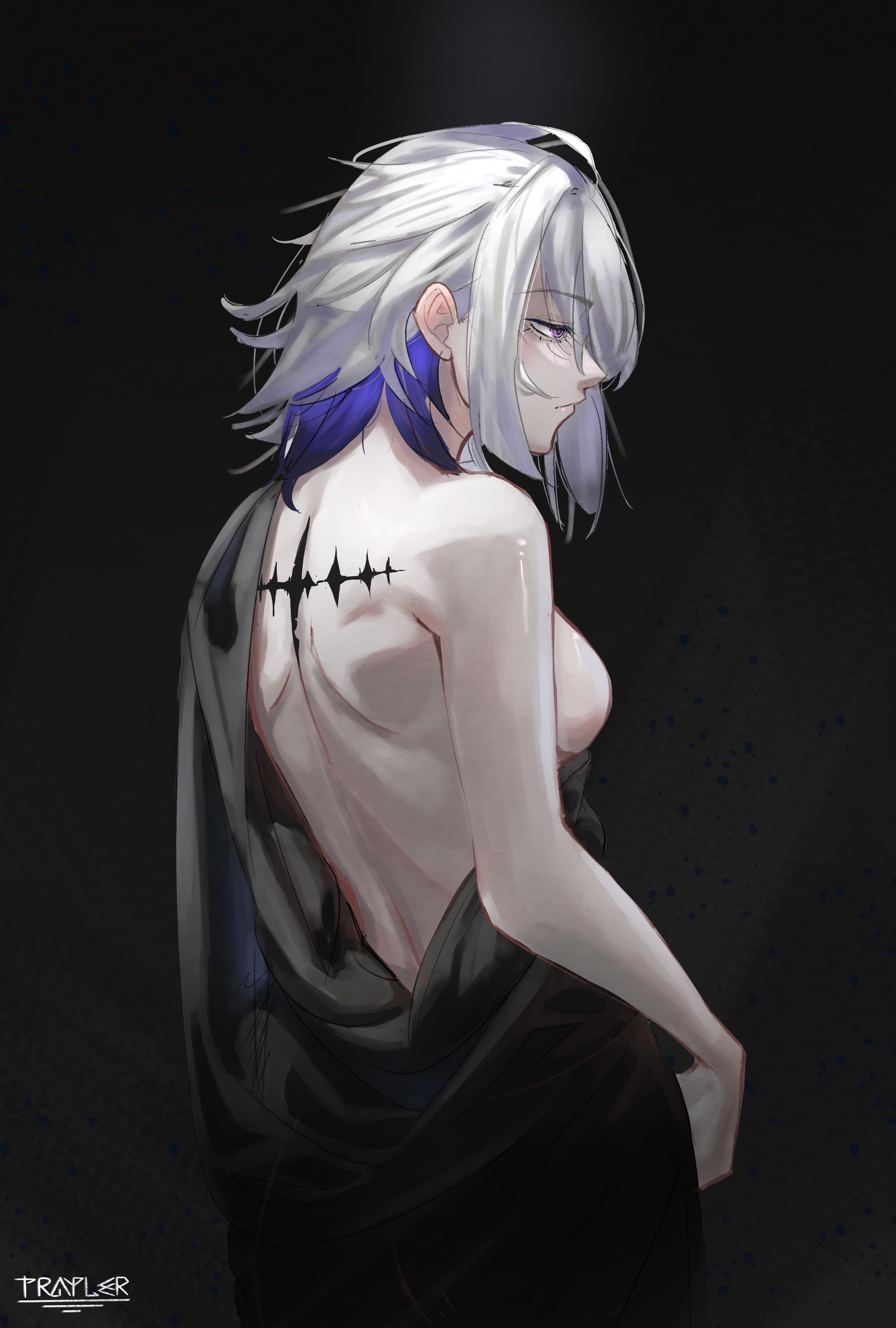 galbrena (wuthering waves), wuthering waves, absurdres, commentary, highres, 1girl, artist name, breasts, cowboy shot, from behind, grey hair, half-closed eyes, medium breasts, medium hair, purple eyes, shoulder blades, solo, tacet mark (wuthering waves), trayler