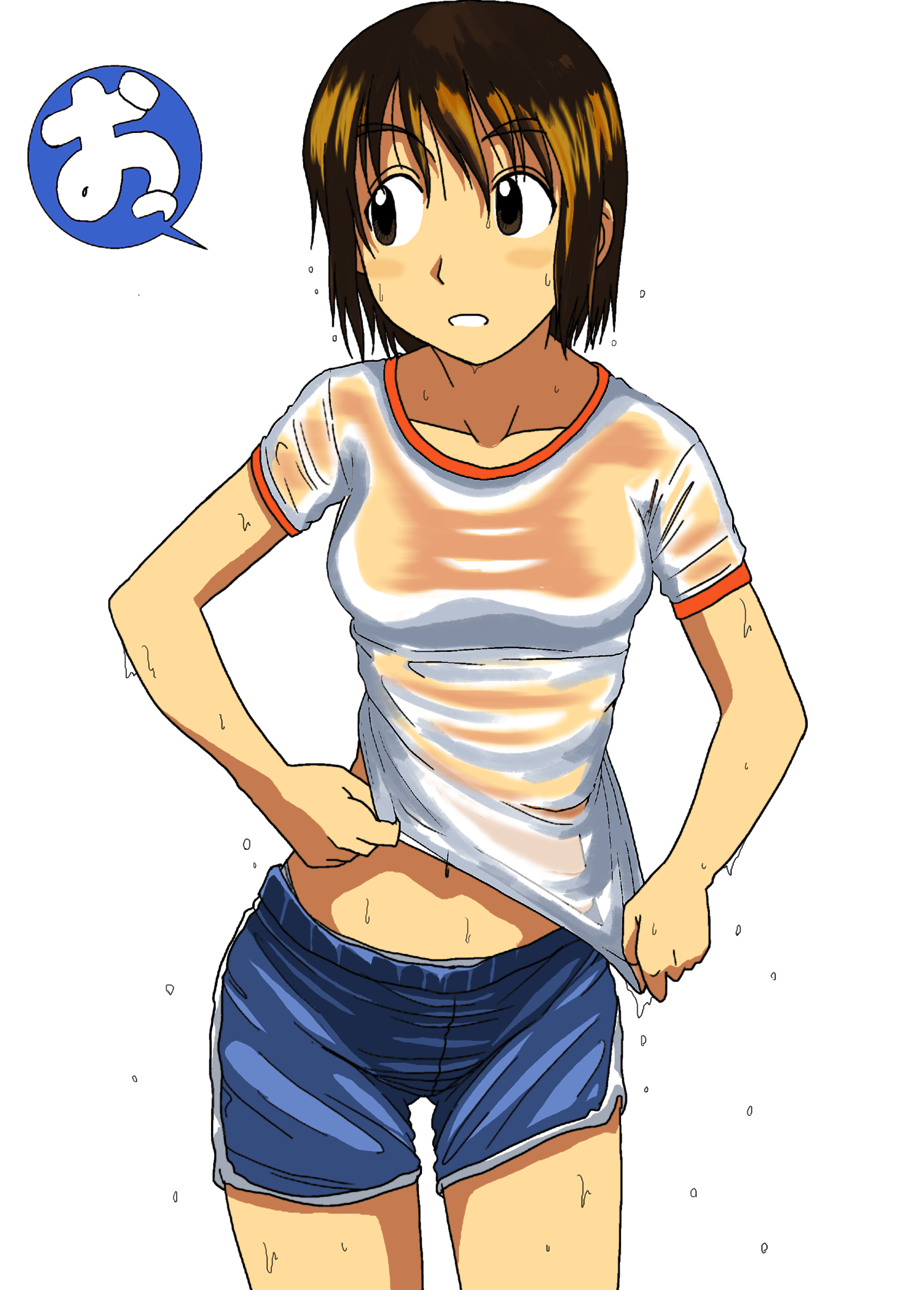 takaya n, ayase fuuka, yotsubato!, highres, 1girl, black eyes, black hair, breasts, collarbone, female focus, navel, see-through clothes, shirt, short hair, shorts, solo, t-shirt, thick eyebrows, wet, wet clothes, wet shirt, wet shorts, white background